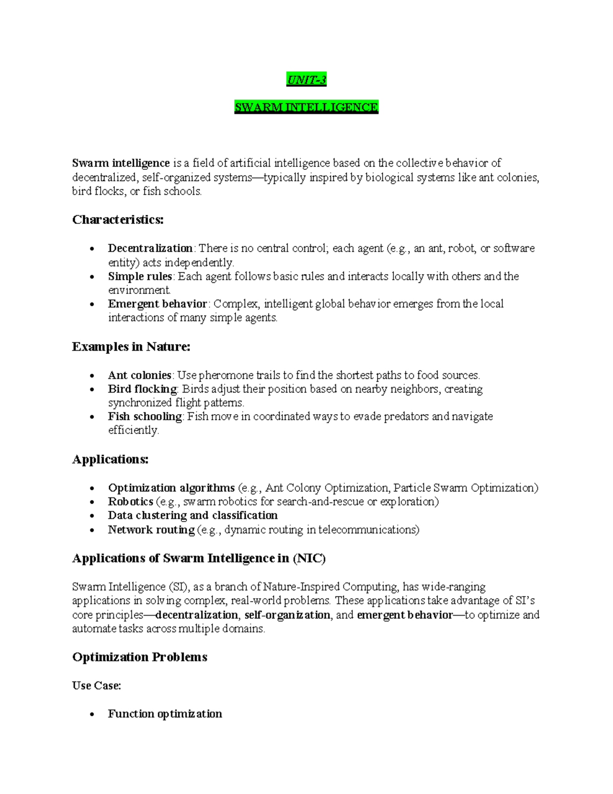 NIC Unit 3 - Swarm Intelligence: Nature-Inspired Computing Notes - Studocu