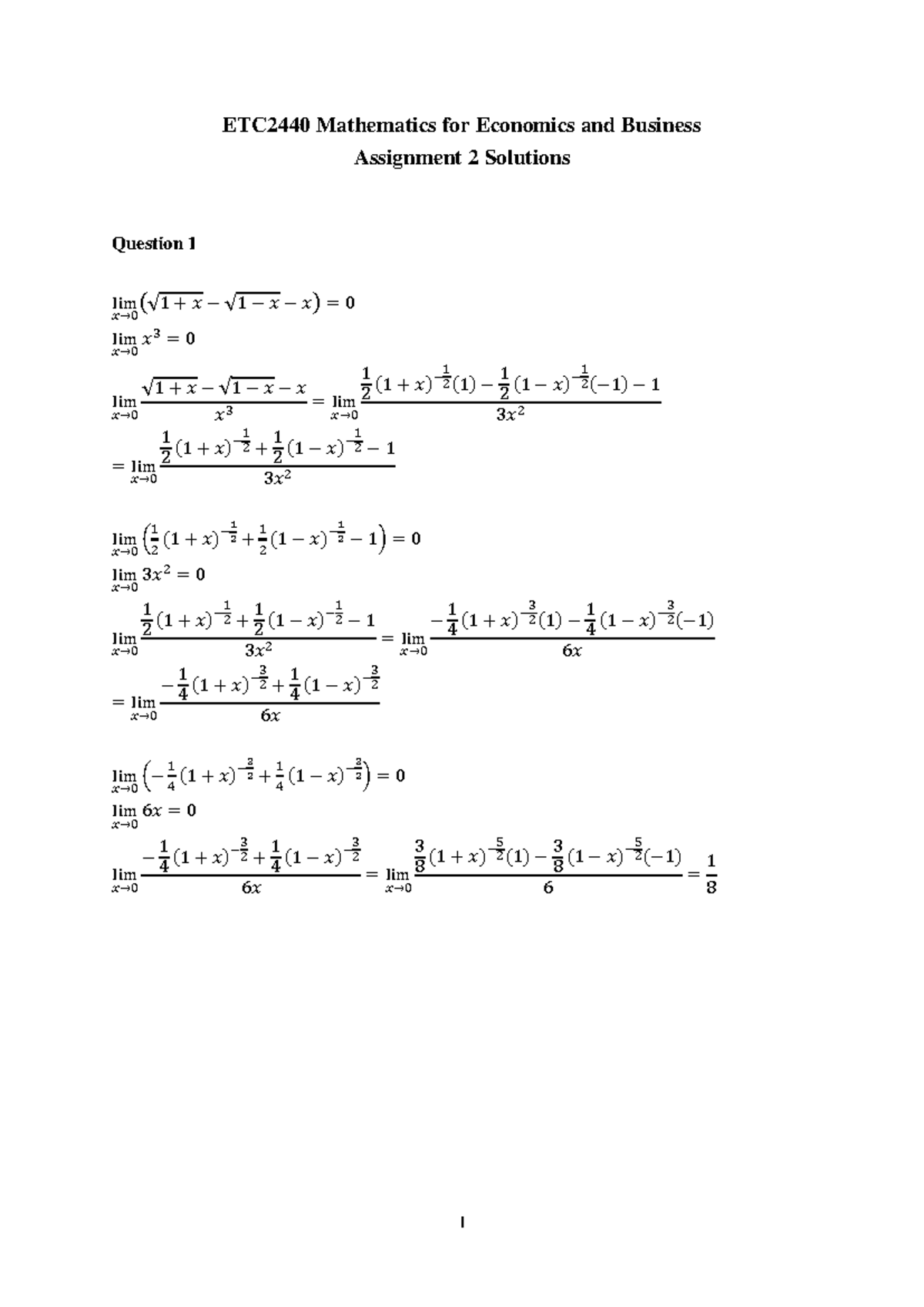 ETC2440 Mathematics for Economics and Business Assignment 2 Solutions ...