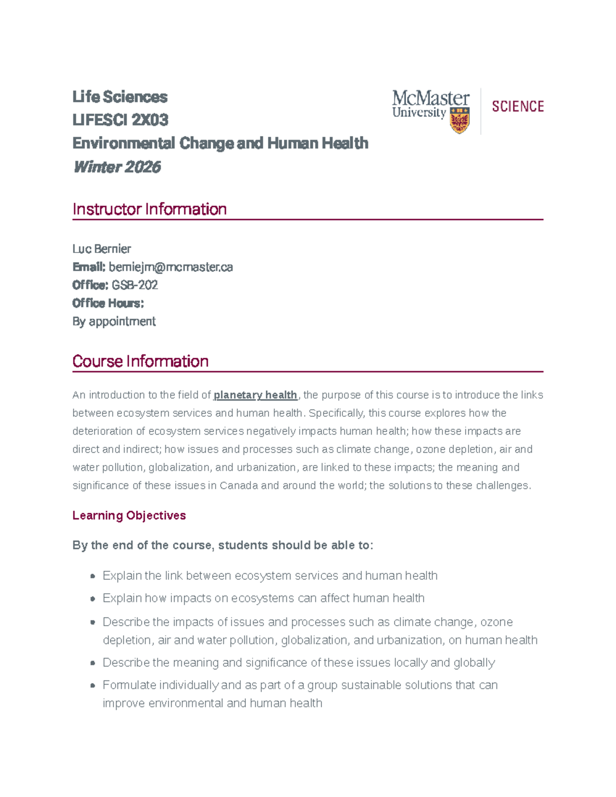 LIFESCI 2X03 Course Outline: Environmental Change & Human Health - Studocu