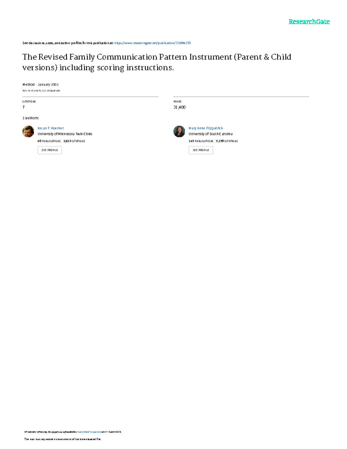 Revised Family Communication Pattern Instrument (RFCP) Overview - Studocu