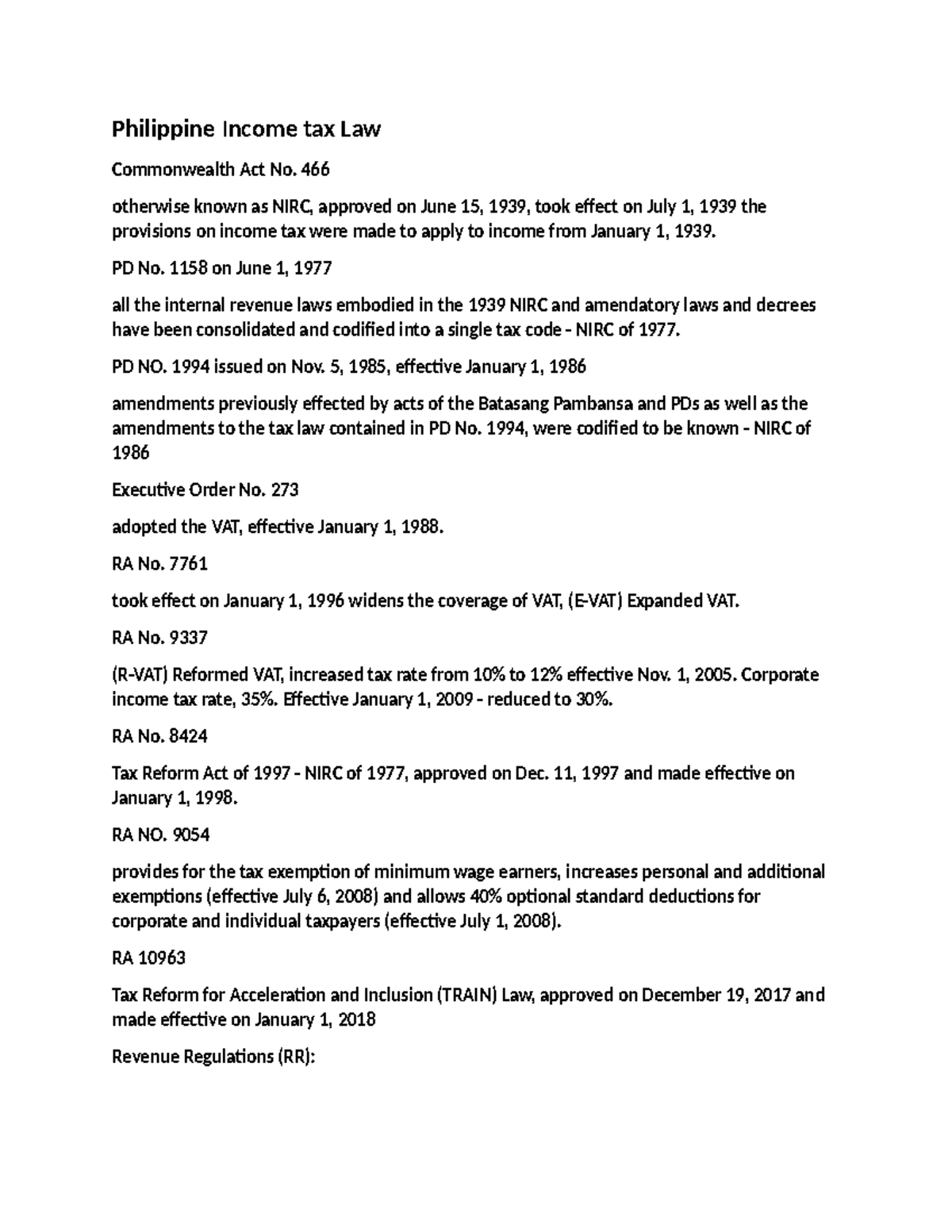 Philippine Income Tax Law Overview and Key Amendments - Studocu