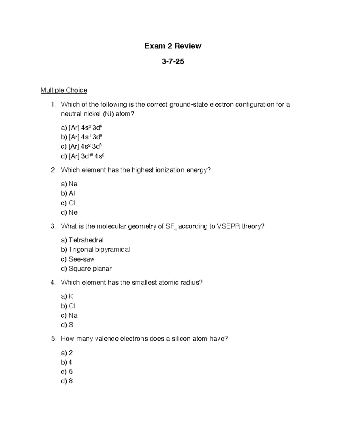 Chem 122 Exam 3 Study Key - Fall 2023 [10527] - Studocu