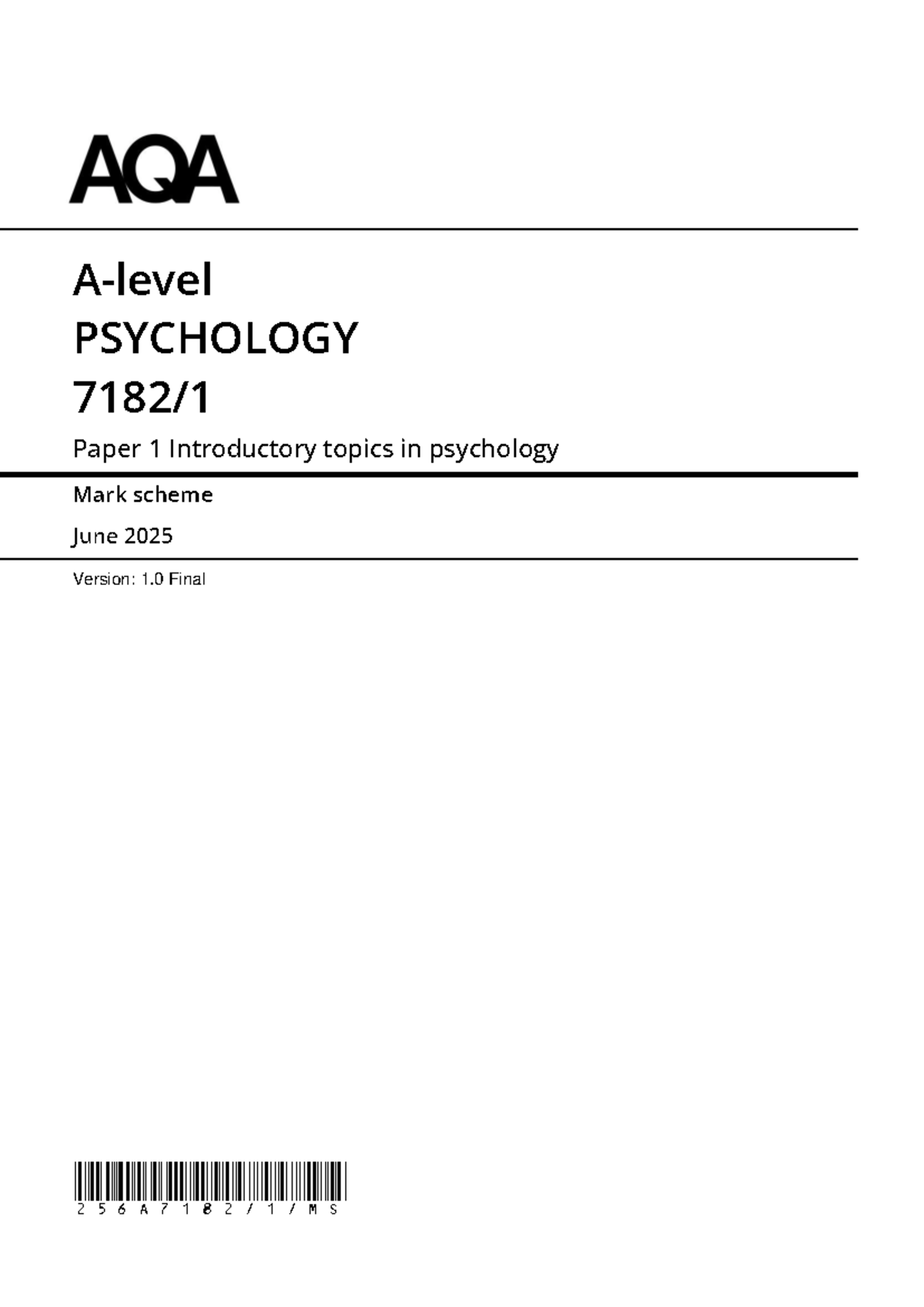 AQA 7182/1 Final Mark Scheme for Psychology Paper 1 - June 2025 - Document Preview