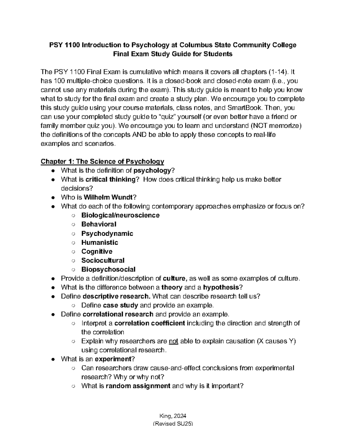 PSY 1100 Final Exam Study Guide - Comprehensive Review for Students ...