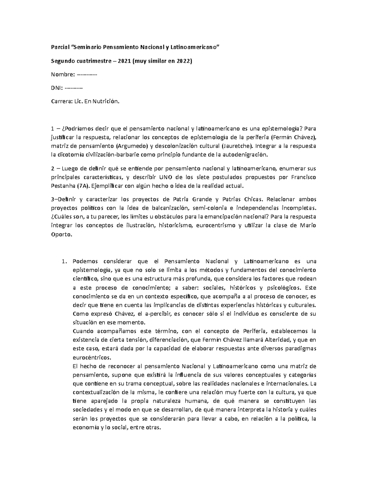SPNL Parcial Segundo Cuatrimestre 2021: Pensamiento Nacional y Latinoamericano - Document Preview