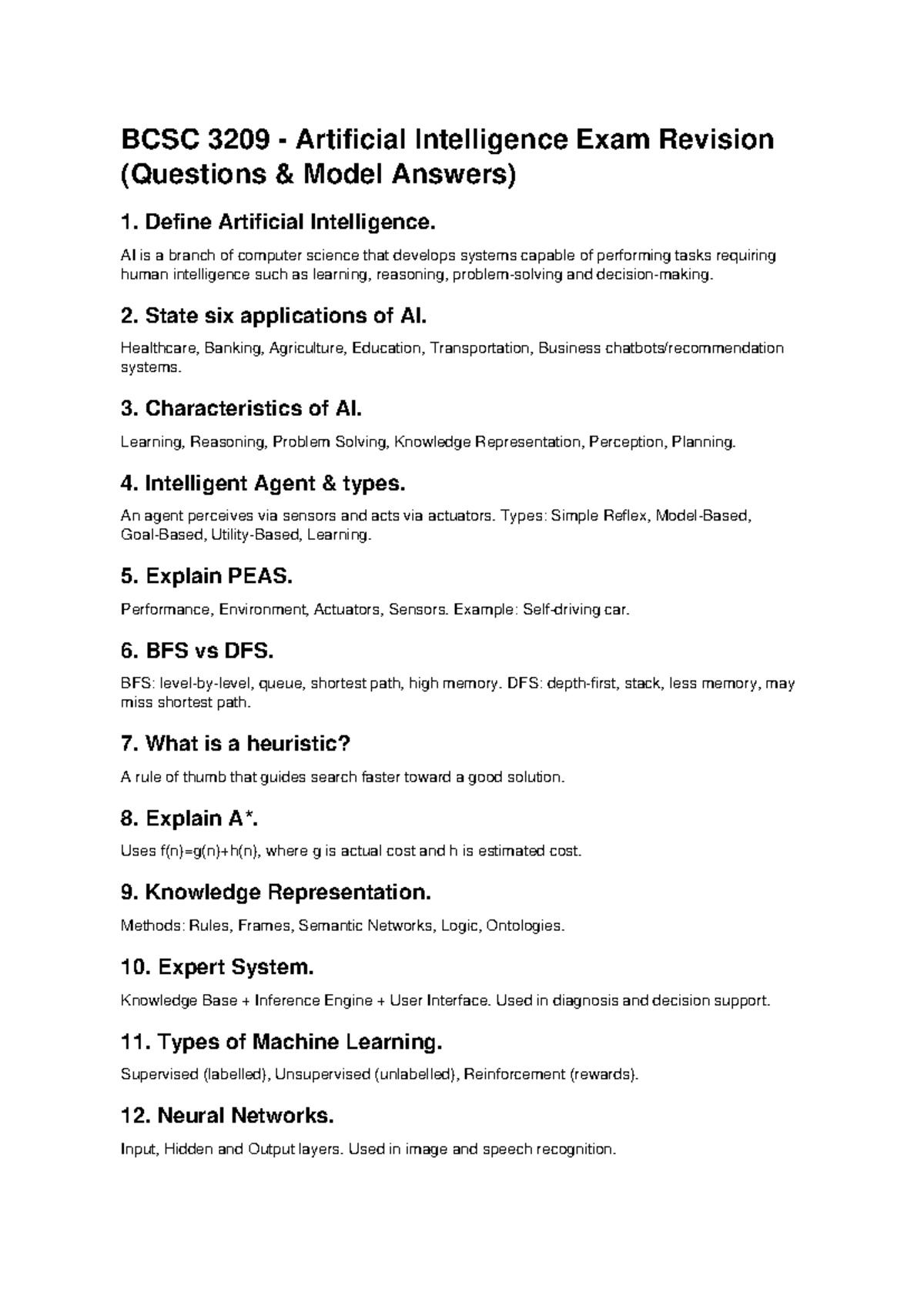 BCSC 3209 AI Final Exam Revision: Key Concepts & Model Answers - Studocu