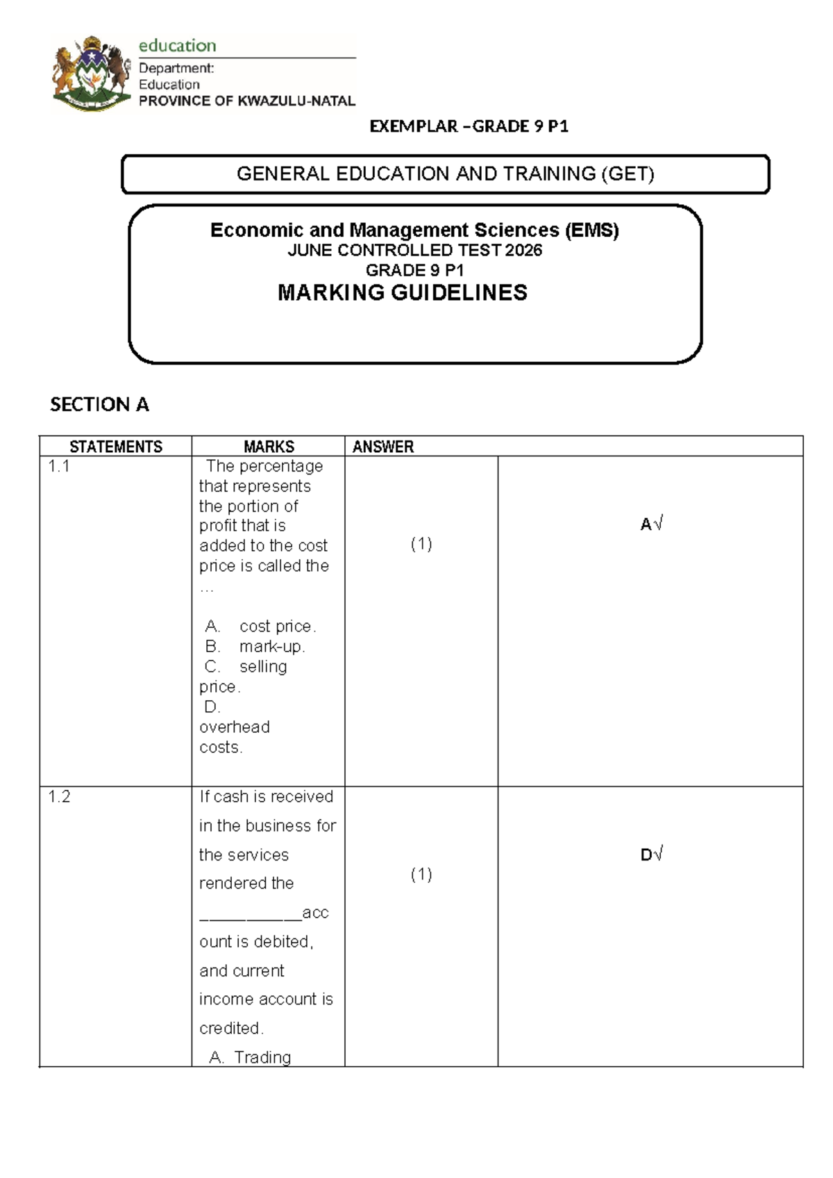 2026 EMS GRD 9 P1 JUNE CONTROLLED TEST MARKING GUIDELINES - Studocu