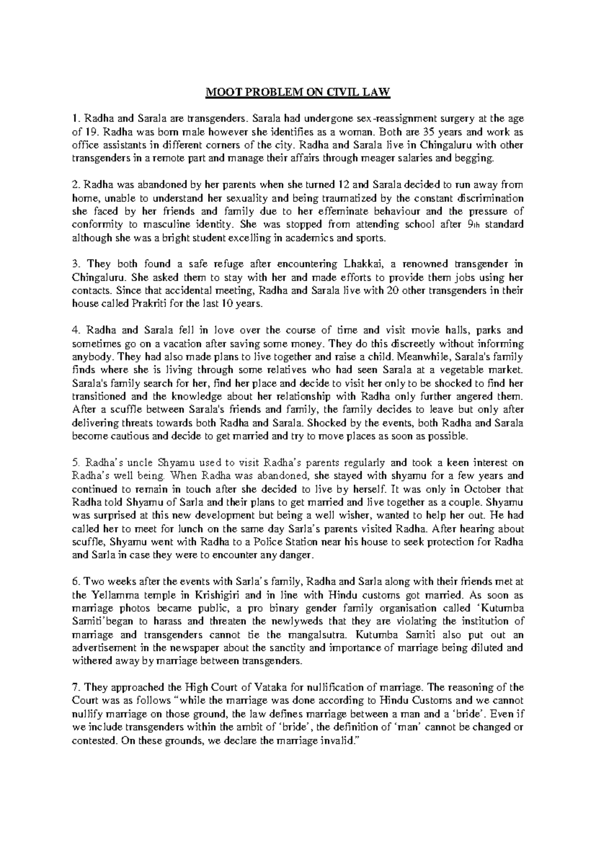 MOOT Problem on Civil Law: Transgender Marriage Rights Debate - Studocu