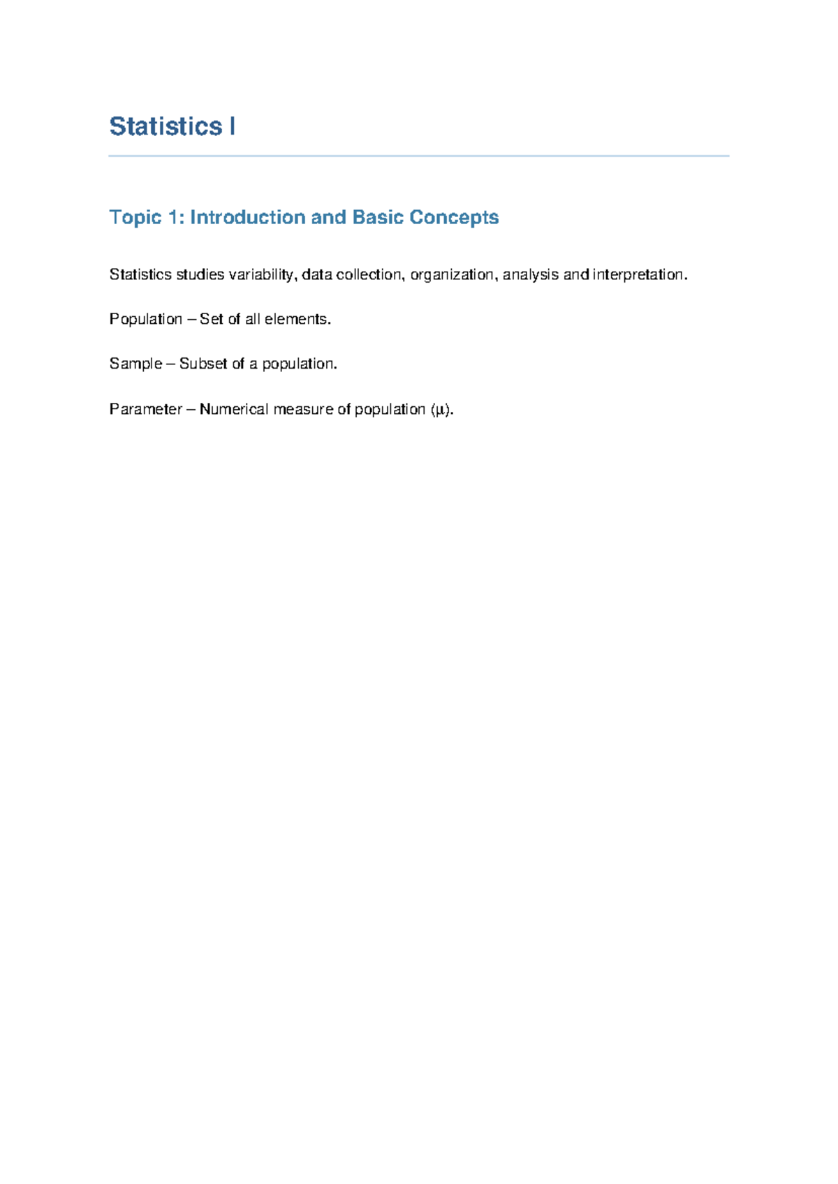 Statistics I: Intro to Basic Concepts and Probability - Studocu