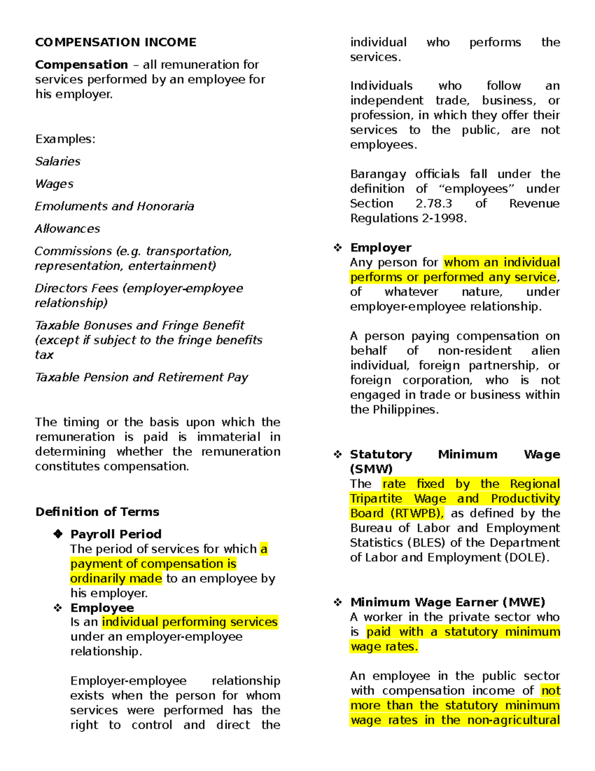 COMP 101: Understanding Compensation Income and Its Components - Studocu