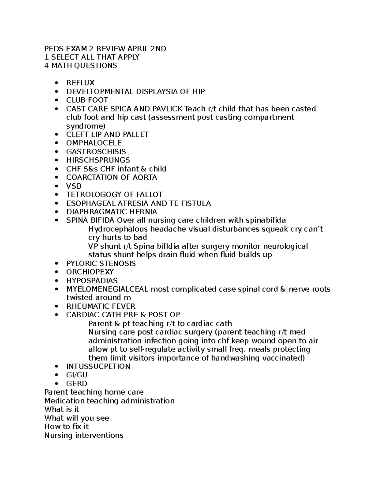 PEDS EXAM 2 Review Notes - Key Topics & Nursing Considerations - Studocu