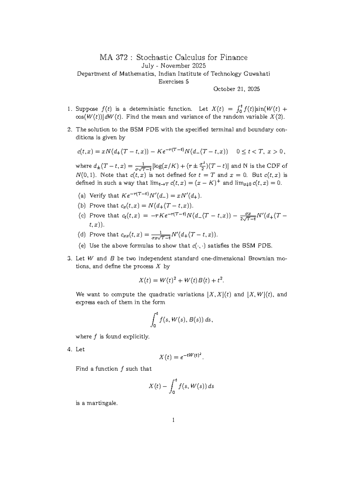 MA 372: Stochastic Calculus for Finance - Practice Problems Ex5 - Studocu