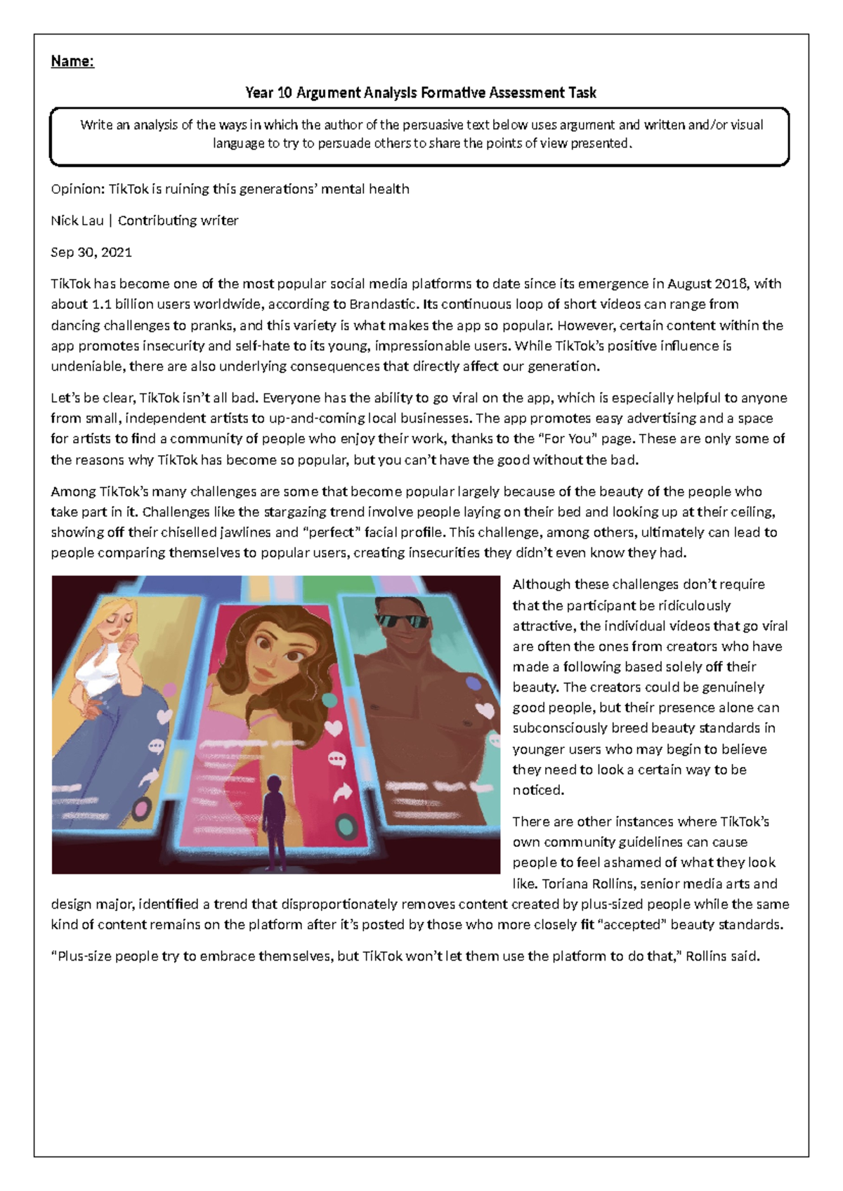 L12 - Year 10 Argument Analysis: TikTok's Impact on Mental Health - Studocu