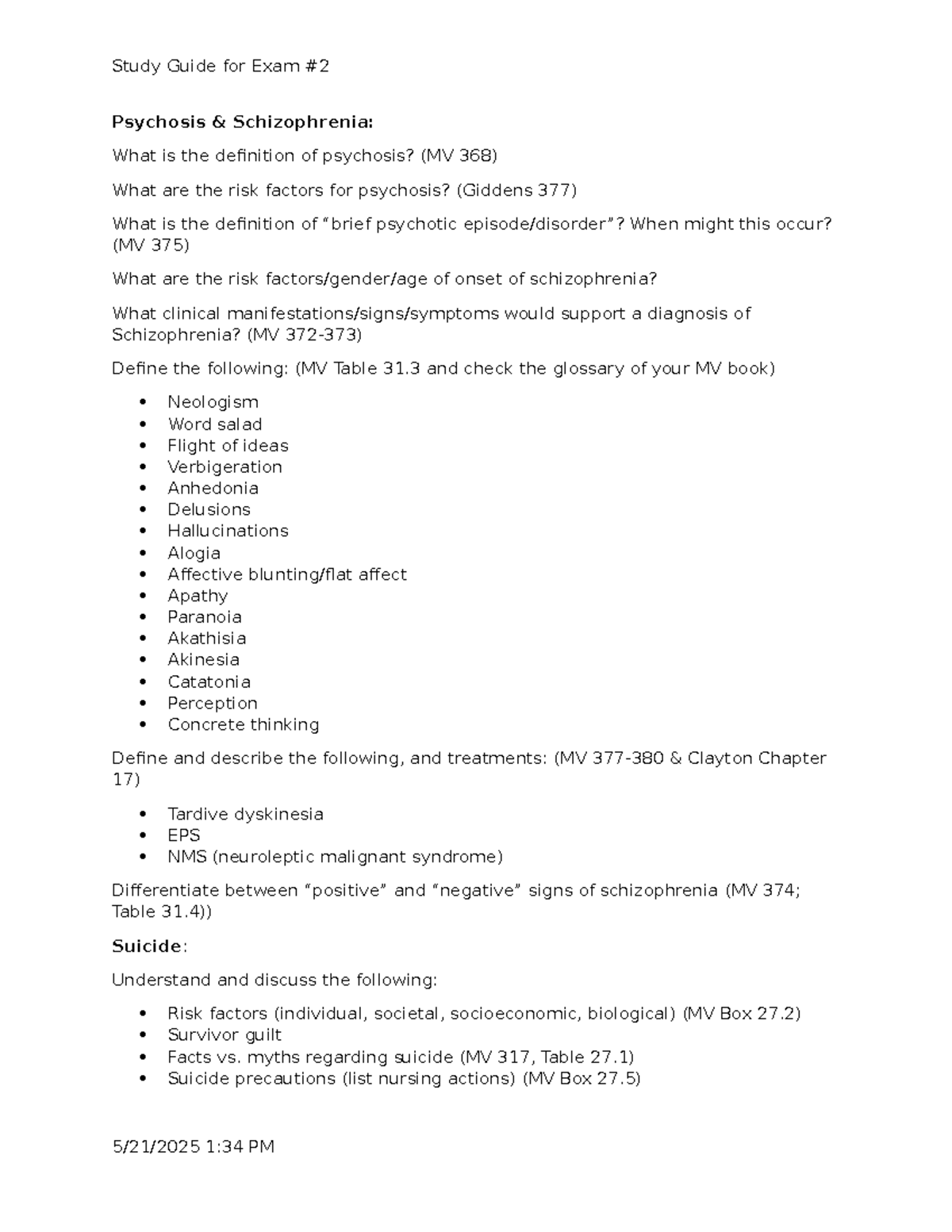 Study Guide for Exam 2: Psychosis & Schizophrenia (MV 368) - Studocu