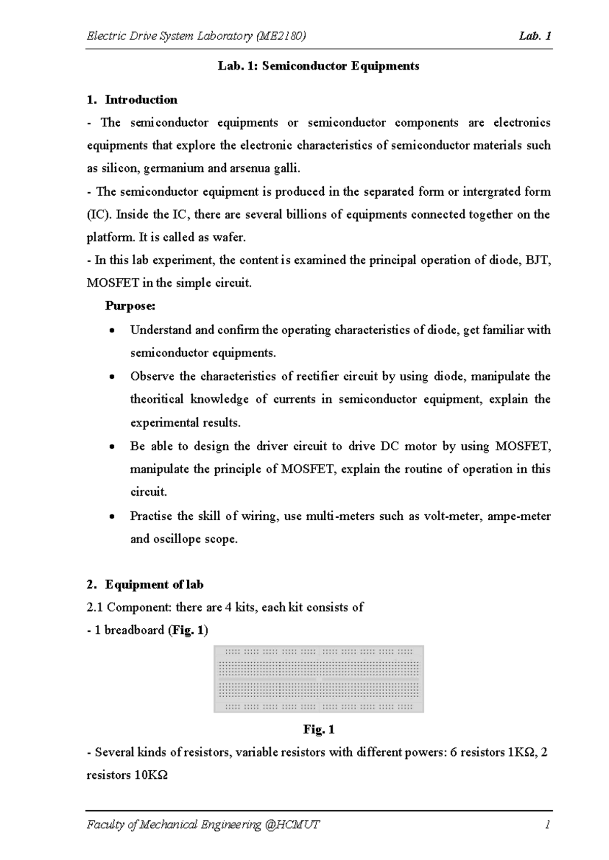 Electric Drive System Laboratory (ME2180) Lab 1: Semiconductor ...