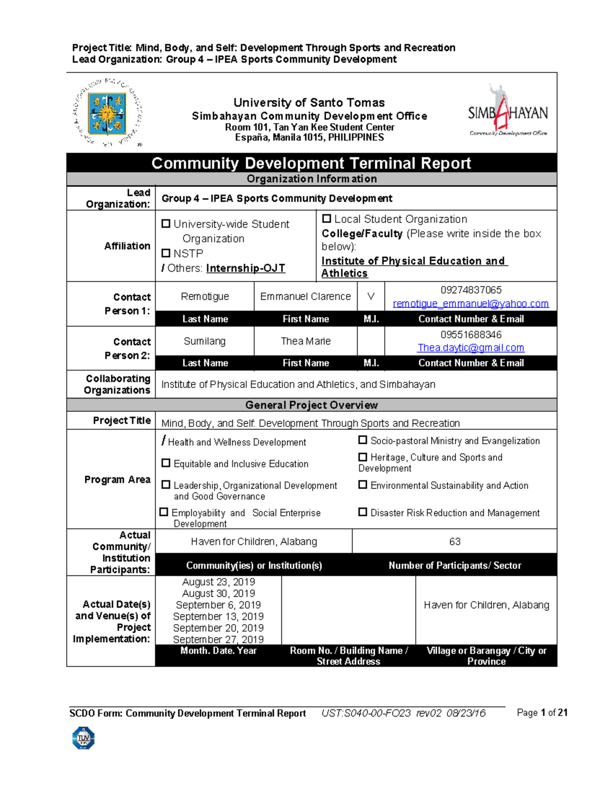 Community Development Terminal Report (IPEA 4) - UST Insights - Studocu