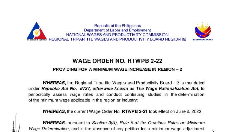 Wage Order No. RTWPB 2-22-1: Minimum Wage Increase in Region 2 - Studocu