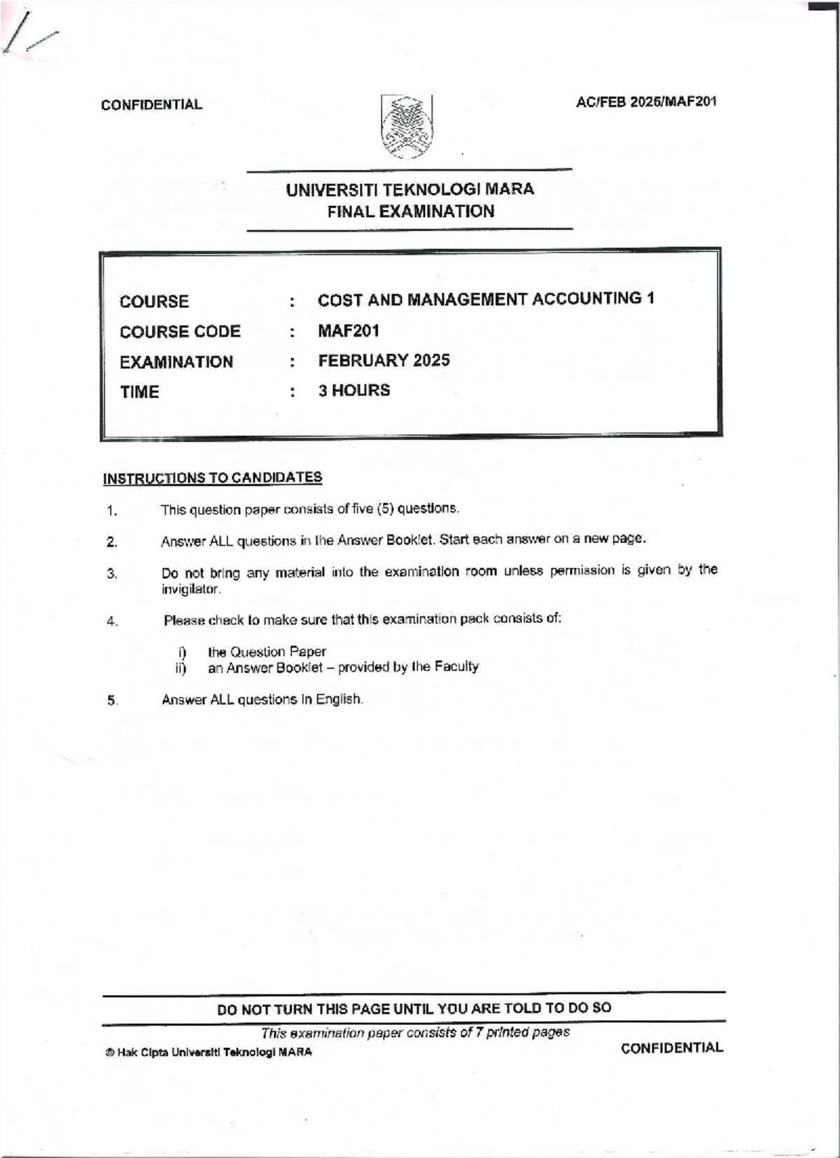 Final Exam MAF201: Cost & Management Accounting - Feb 2025 - Studocu