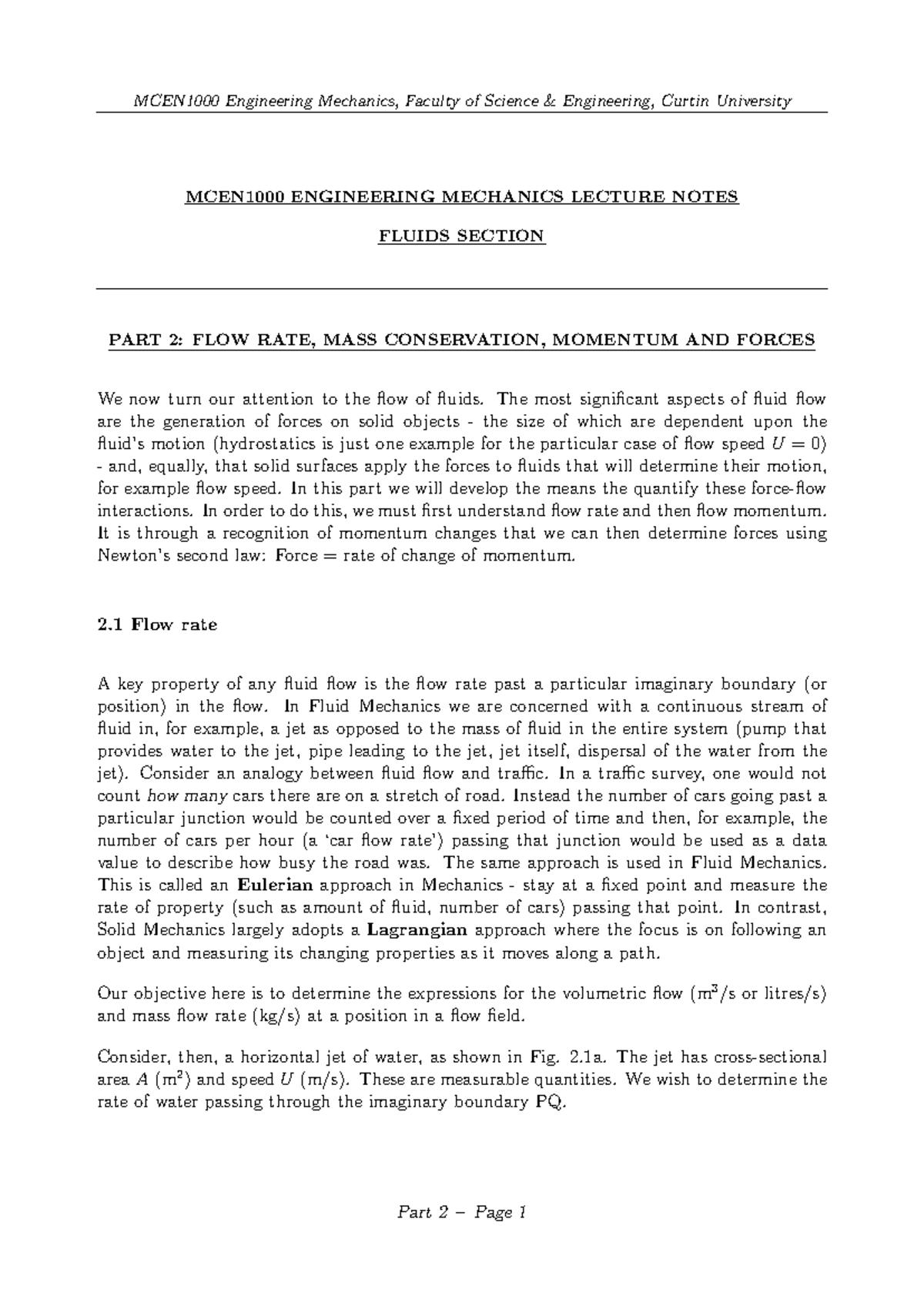 Engineering Mechanics (ENGG123) Lecture Notes: Fluid Dynamics - Mass ...