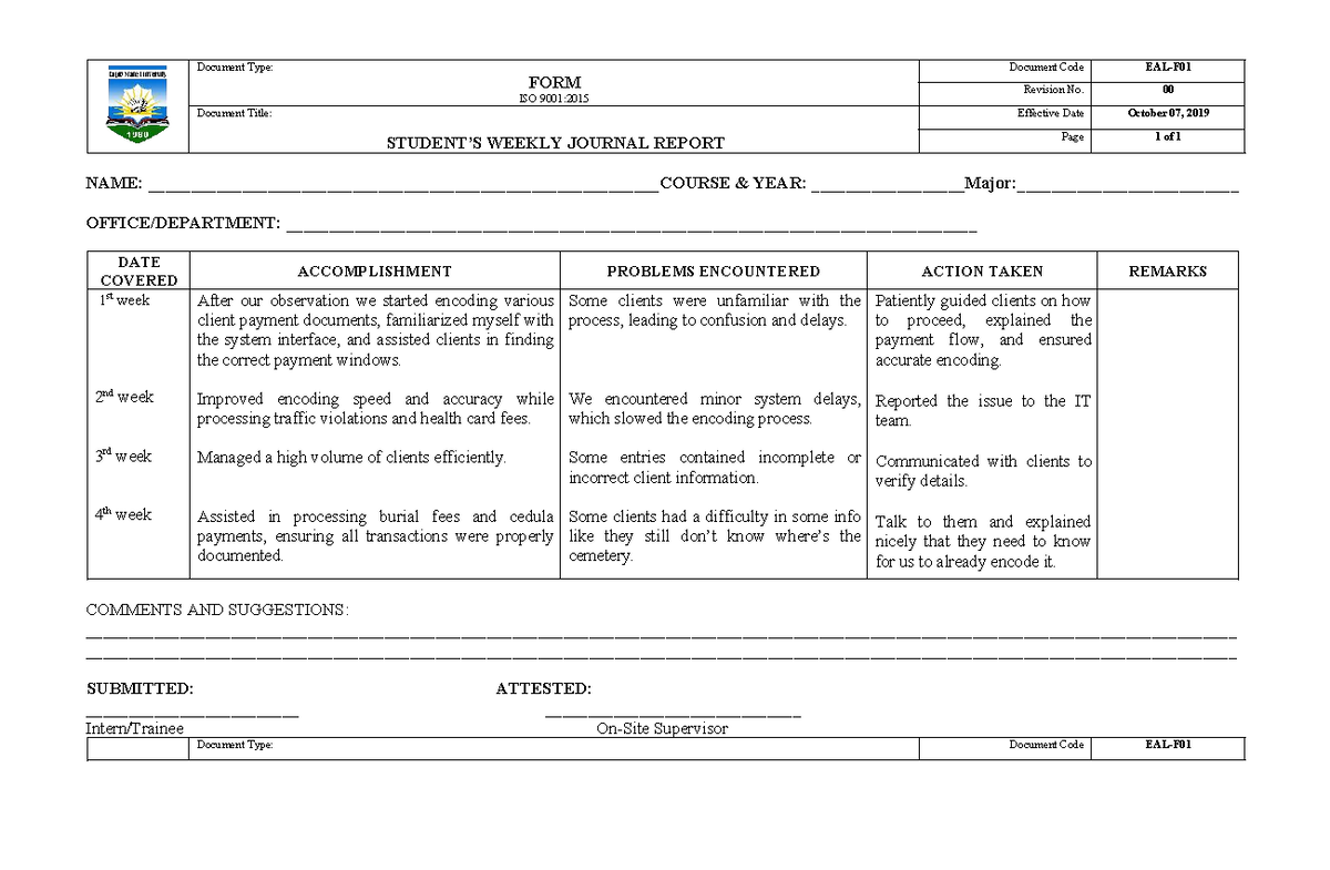 ISO 9001:2015 Weekly Journal Report - Client Interaction & Improvements ...
