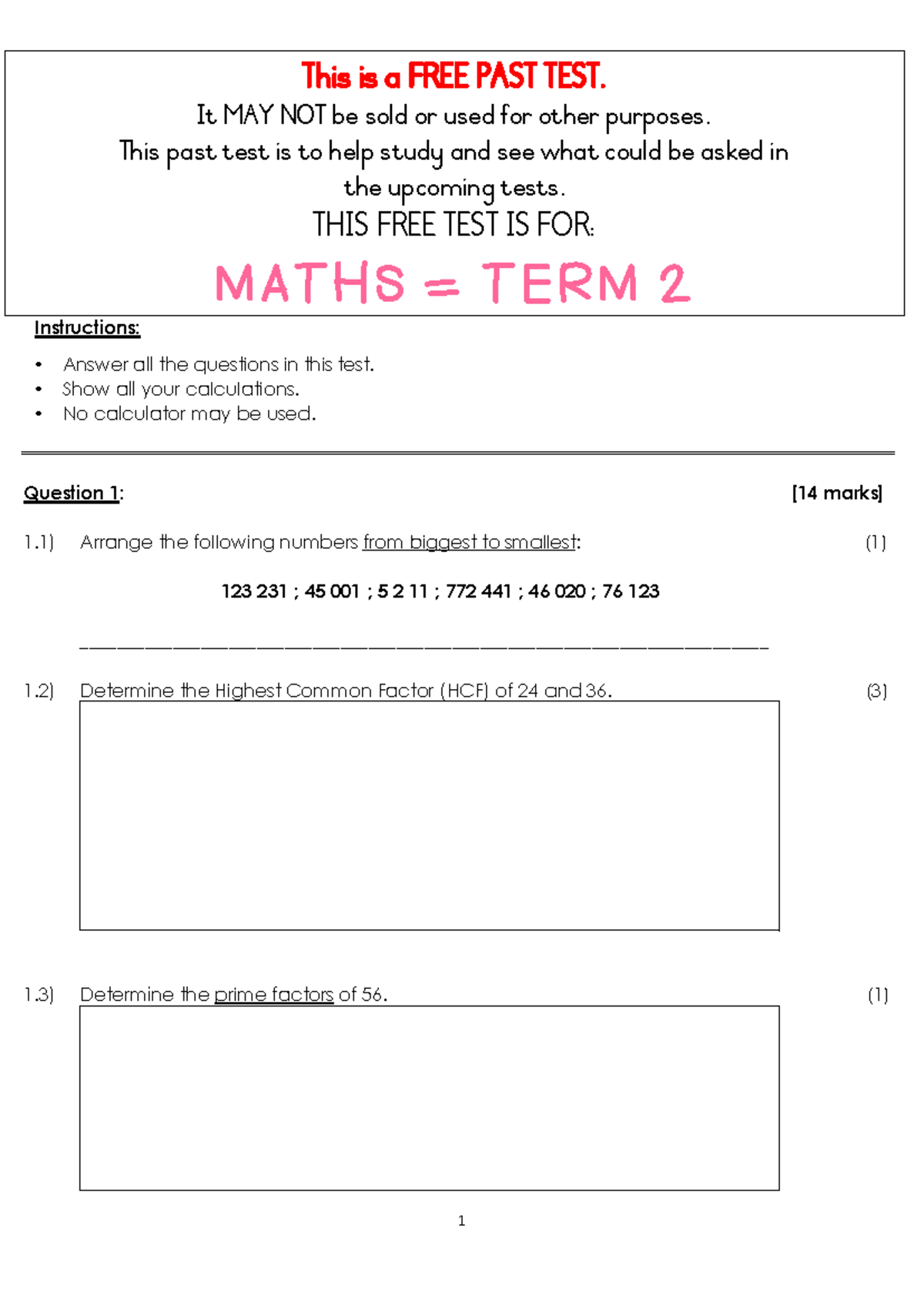 FREE Revision - Grade 6 TERM 2 MATHS PAST TEST - Studocu