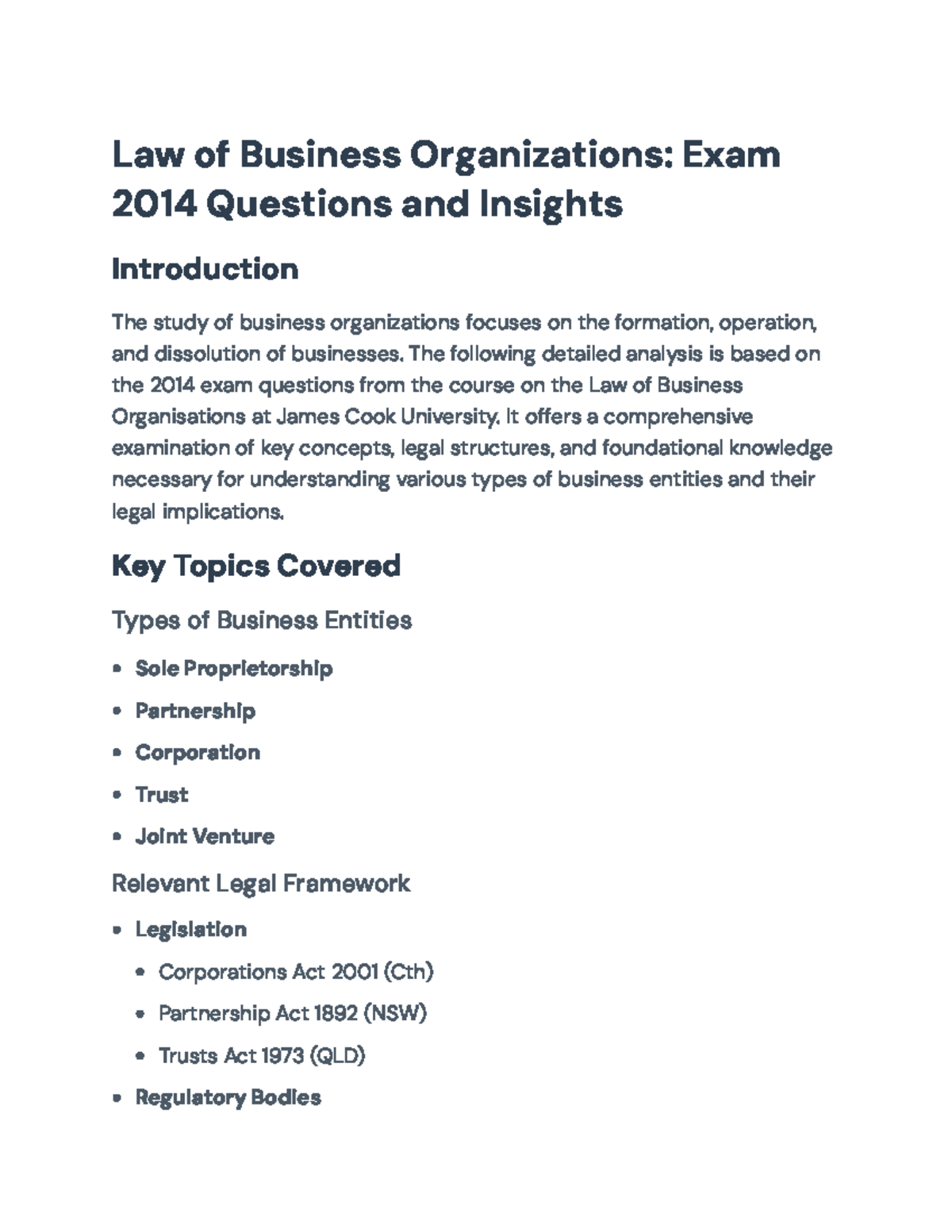 Law of Business Organizations: 2014 Exam Questions & Key Insights - Studocu