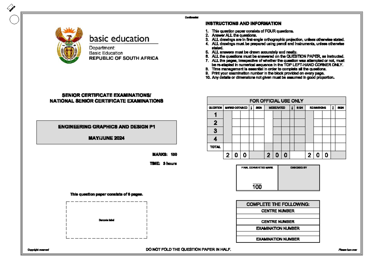 Engineering Graphics & Design P1 Final Exam Instructions & Questions ...