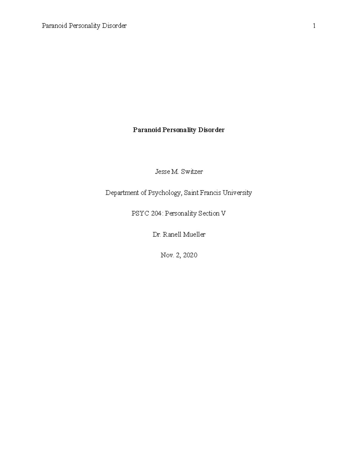 Paranoid Personality Disorder - Switzer Department of Psychology, Saint ...