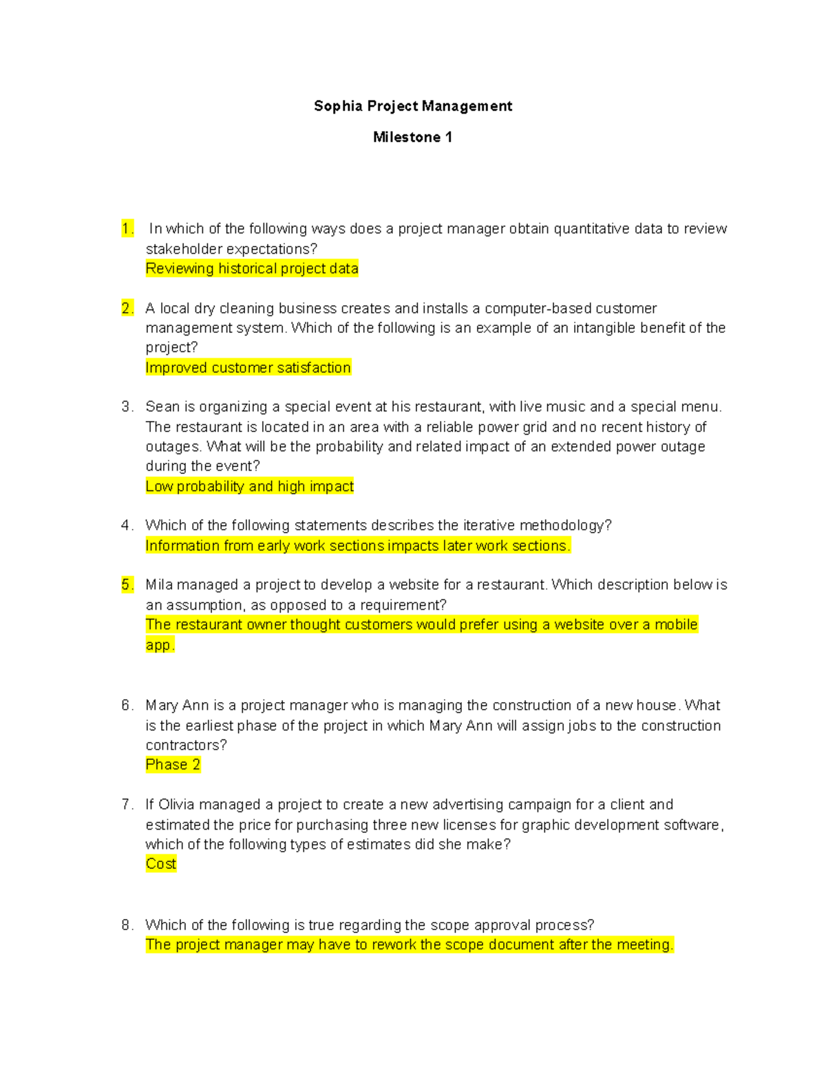 Sophia Project Management: Key Insights & Milestones for Success - Studocu
