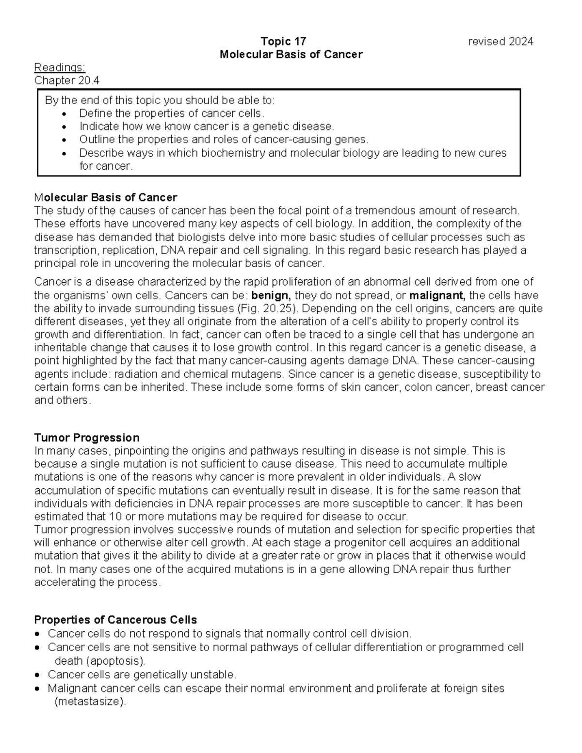 Molecular Basis of Cancer: Topic 17 Lecture Notes (2024) - Studocu