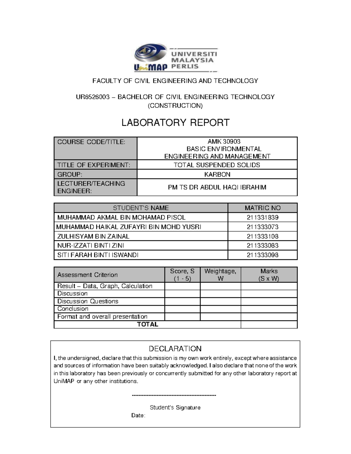 Lab report TSS carbon - FACULTY OF CIVIL ENGINEERING AND TECHNOLOGY ...