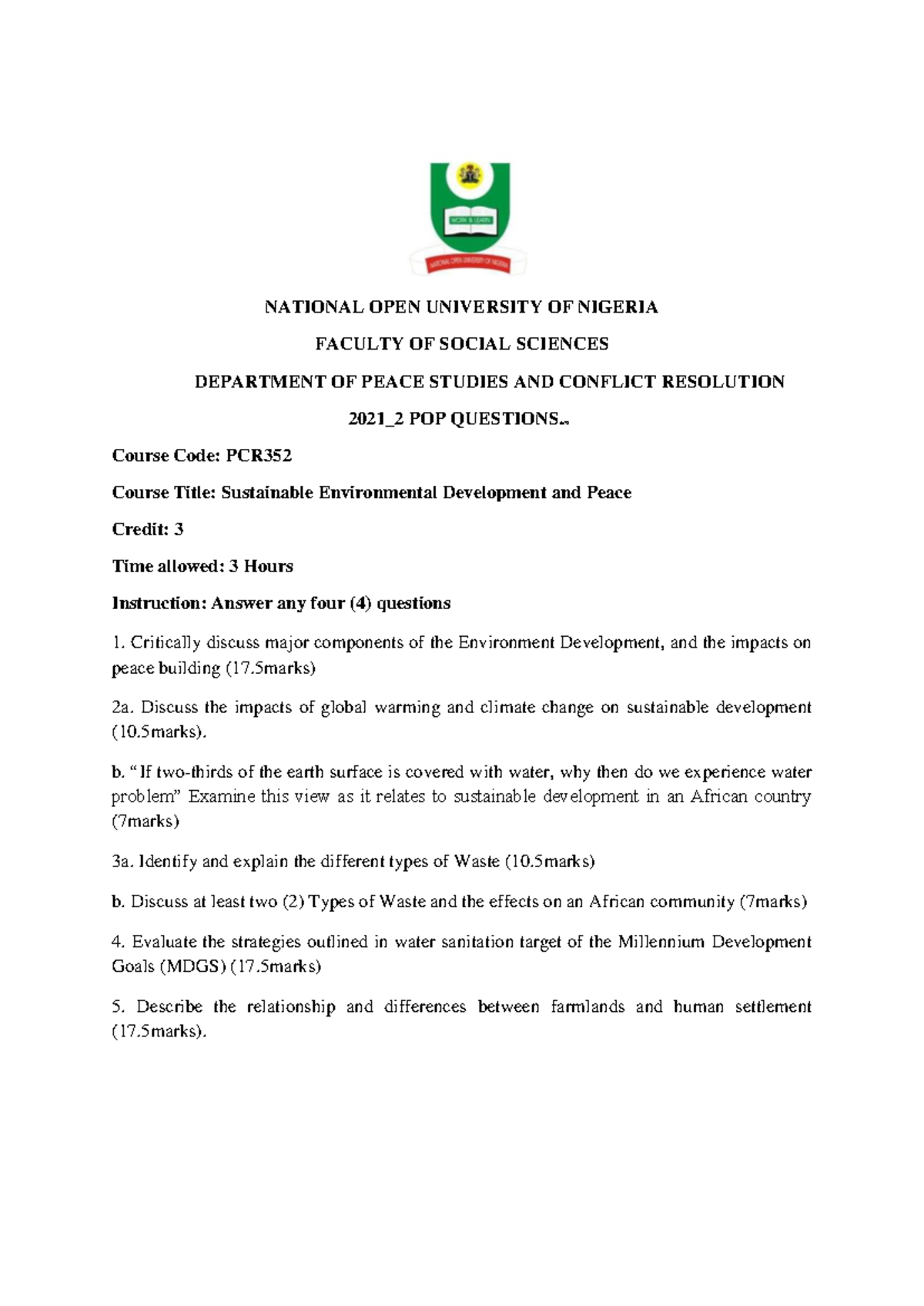 PCR352-2021-2qq - NATIONAL OPEN UNIVERSITY OF NIGERIA FACULTY OF SOCIAL ...