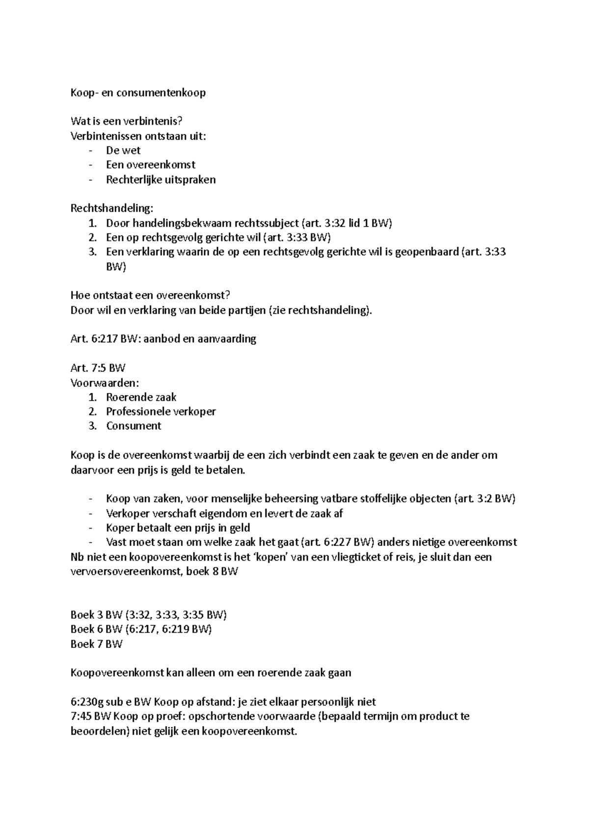 Aantekeningen Koop- en Consumentenkoop (BW) - Essentiële Informatie ...