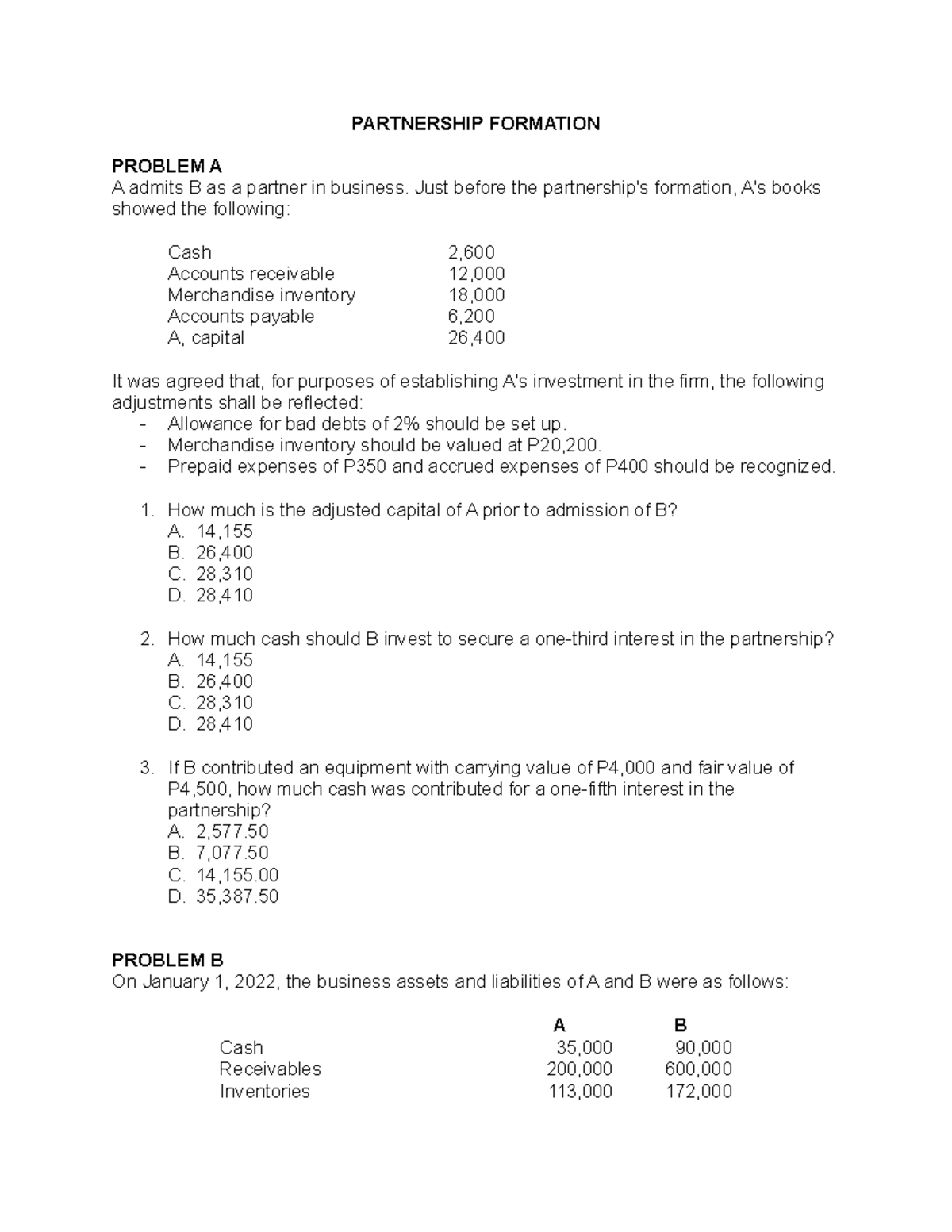 Partnership Formation and Operations Exercises: Financial Analysis ...