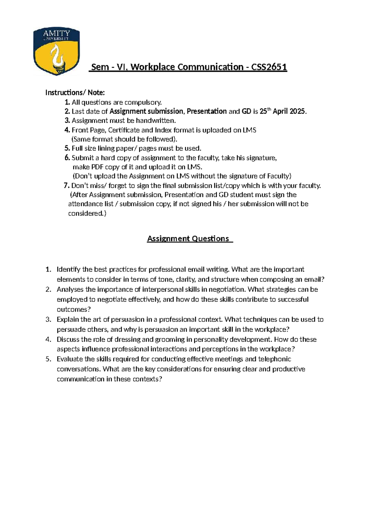 Assignment Questions - Sem VI Workplace Communication (CSS) - Studocu