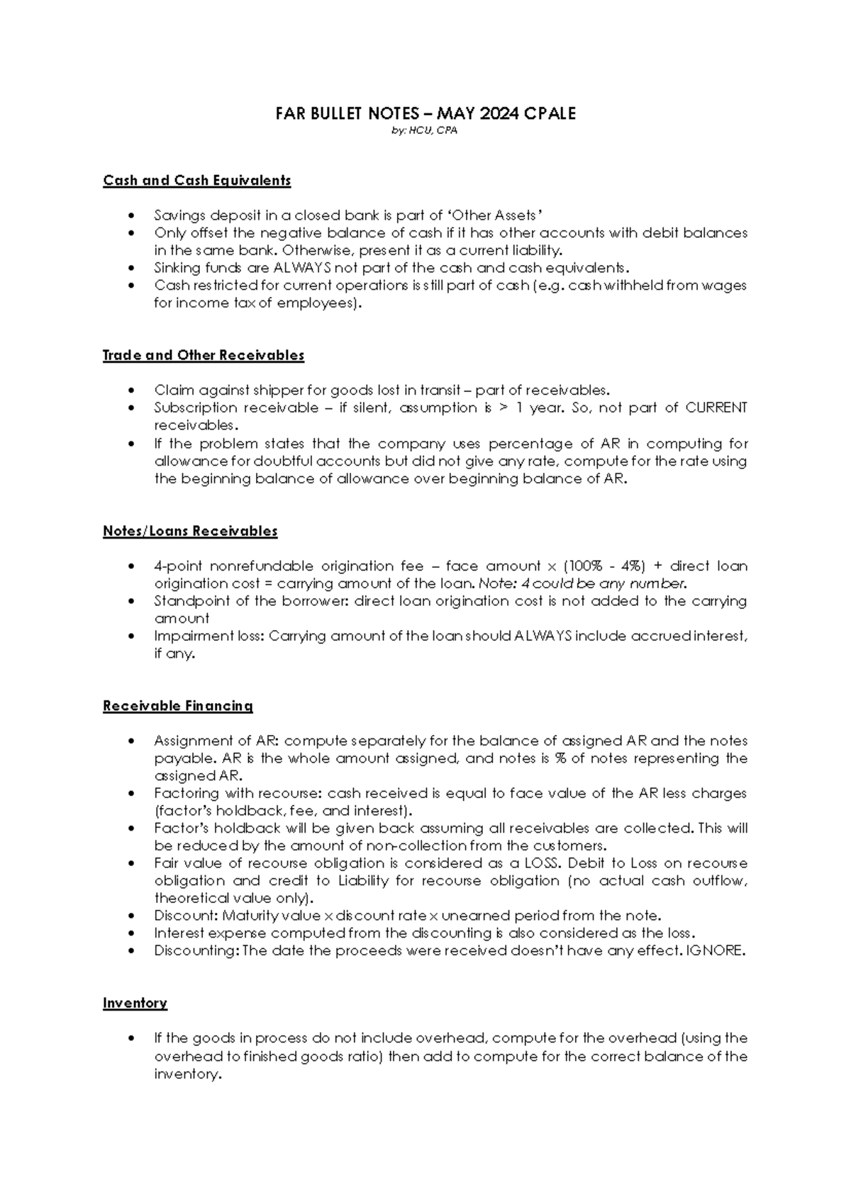 HCU FAR Bullet Notes for CPALE - May 2024 Exam Review - Studocu