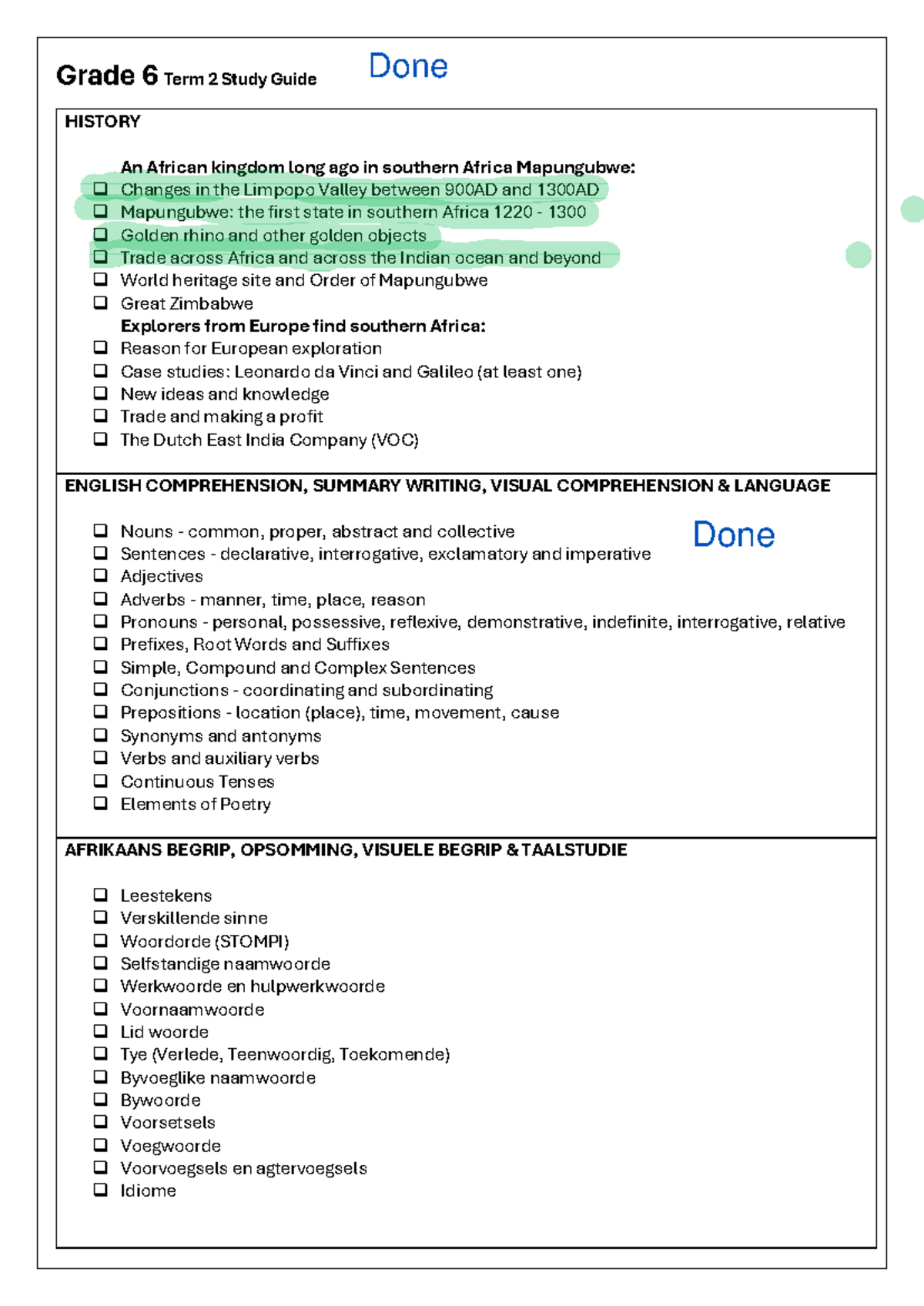 Grade 6 Term 2 Study Guide: History, English, Science & Maths - Studocu