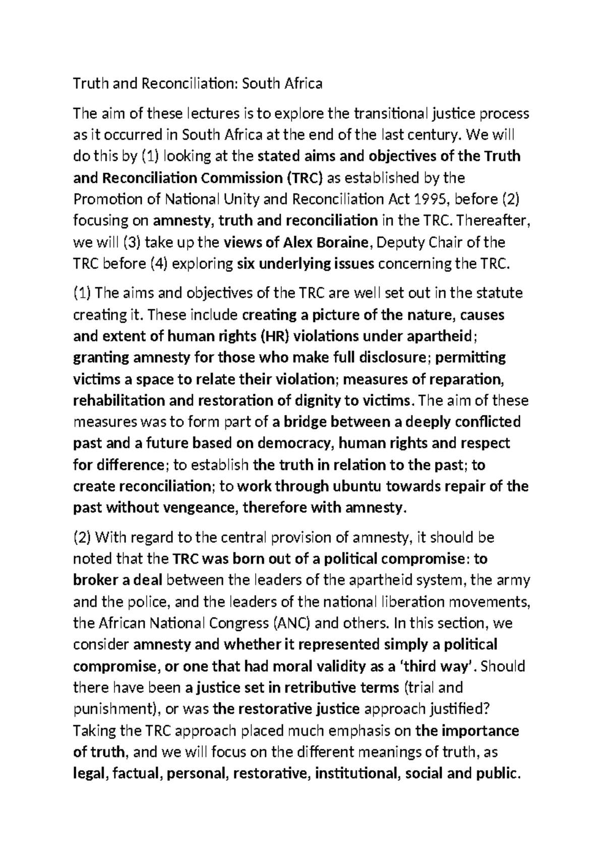 TRC 101: Truth and Reconciliation in South Africa - Lecture Notes - Studocu