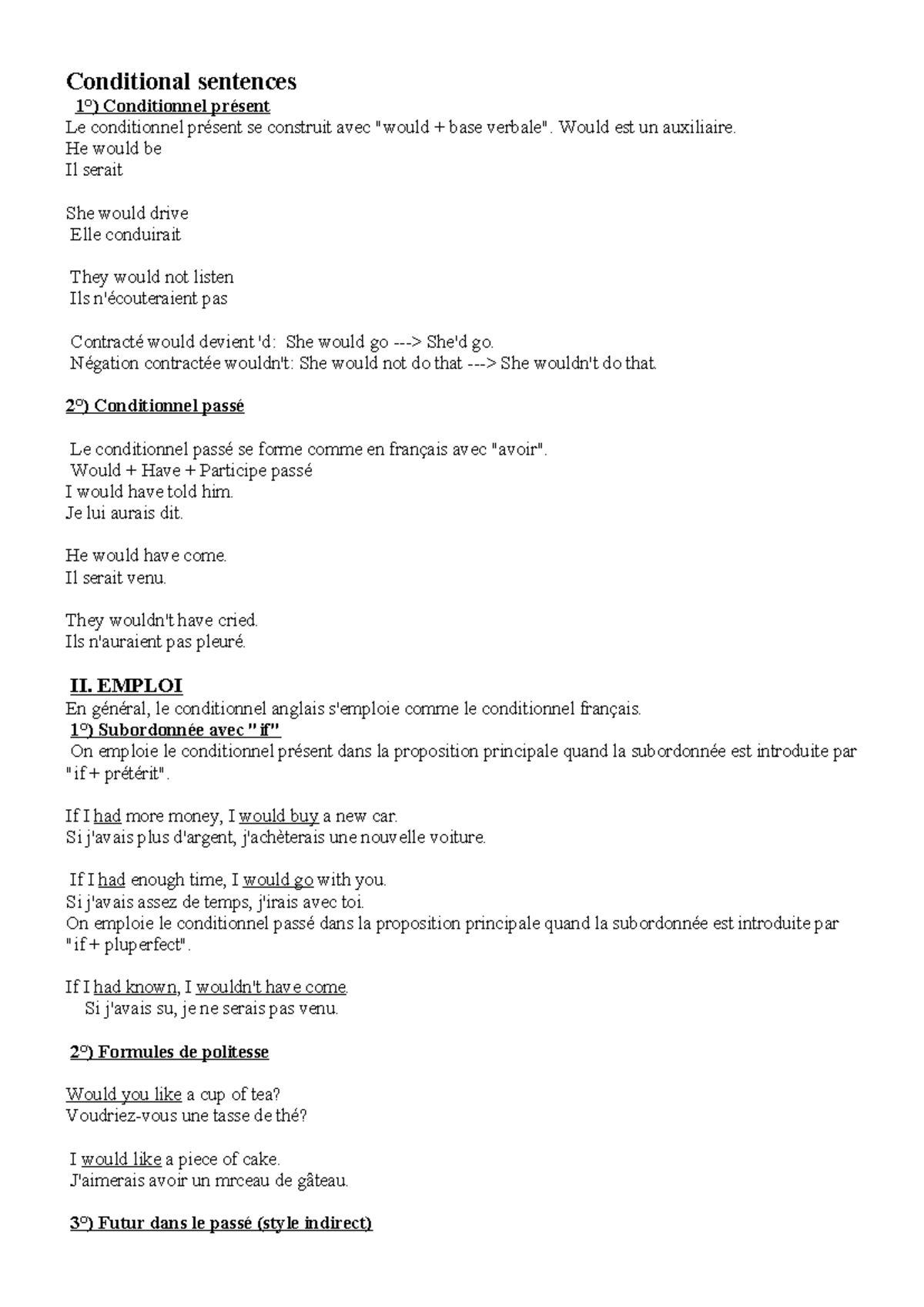 Conditional Exercises - Conditional sentences 1°) Conditionnel présent ...