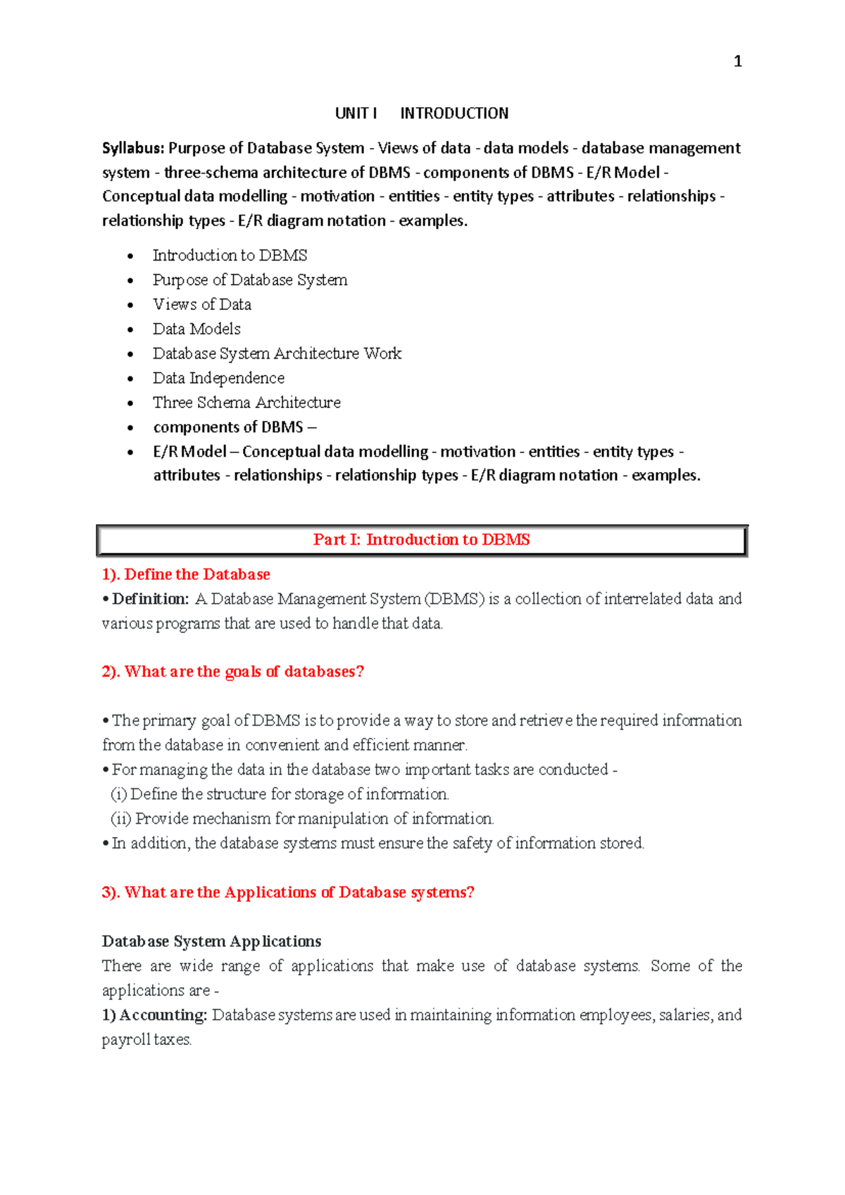 UNIT I: Introduction to Database Systems and DBMS Concepts - Studocu