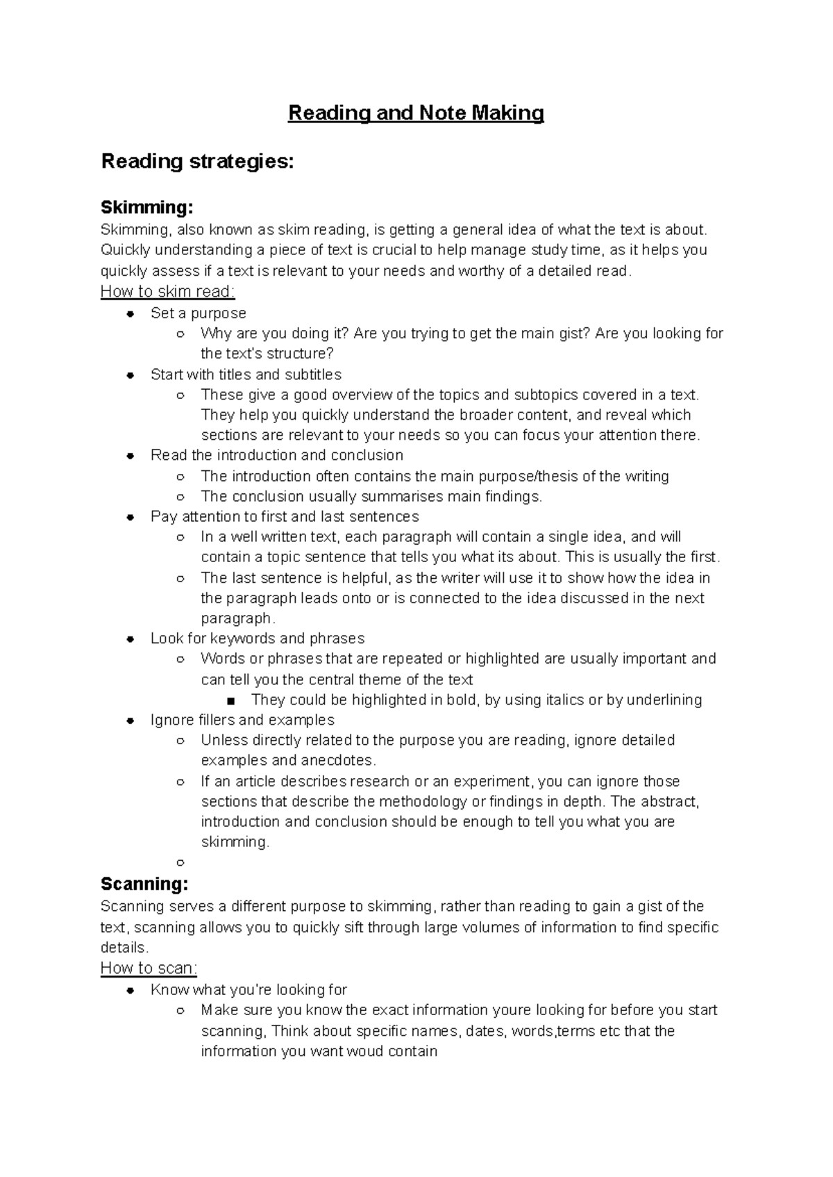 Effective Reading and Note-Making Strategies for Academic Success - Studocu