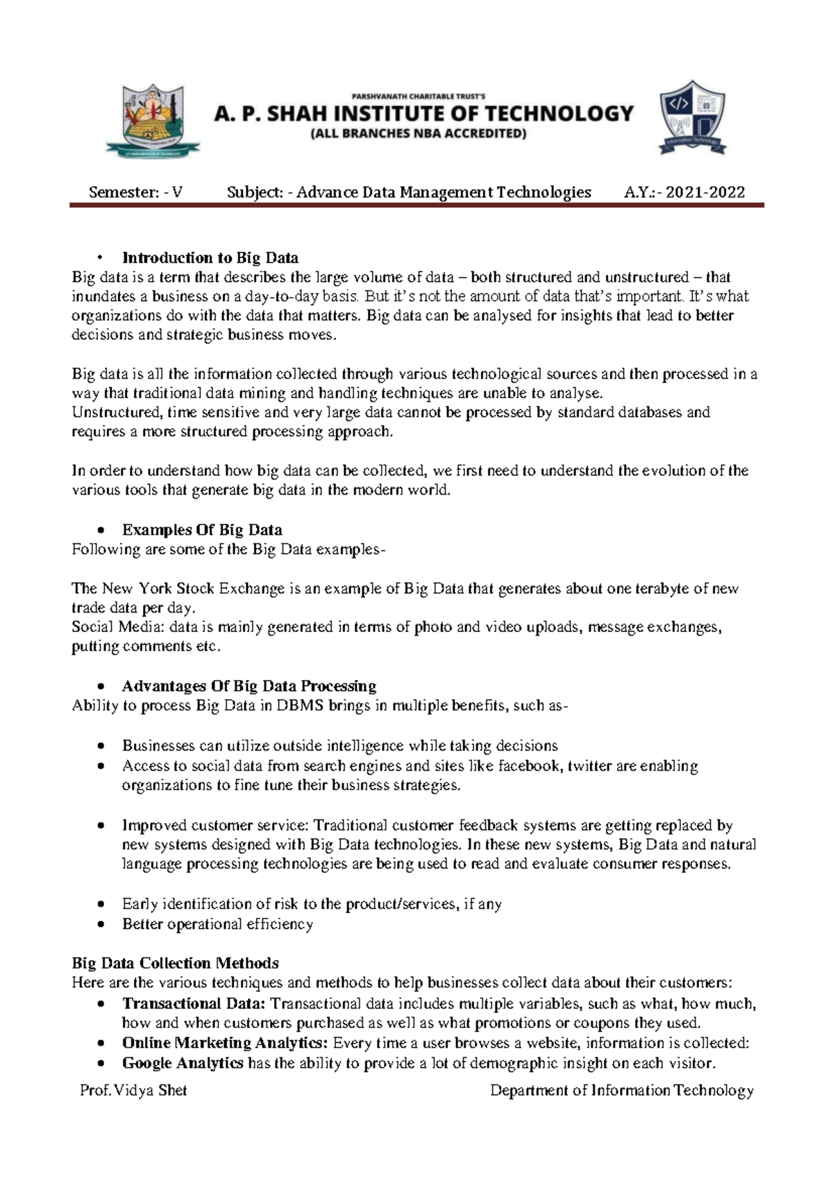 6.1 Big Data: Overview of Big Data in Advanced Data Management ...