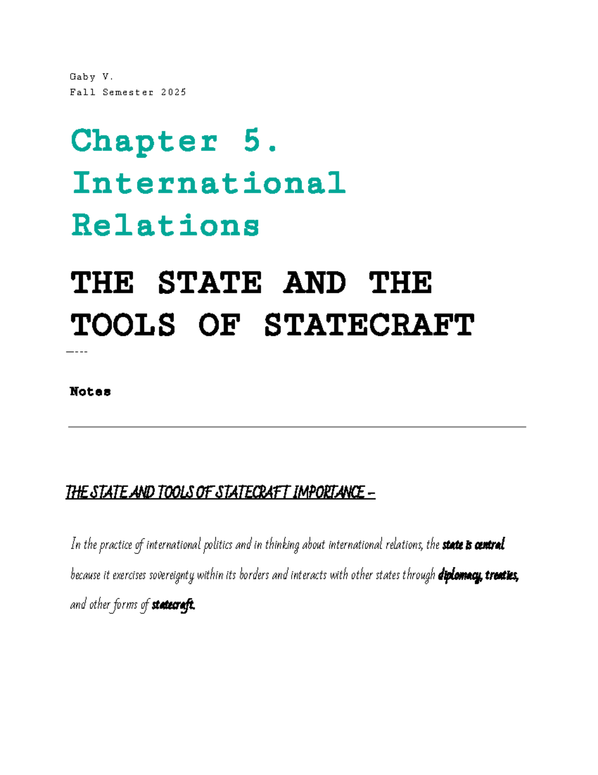 Ga V. Fall Semester 2025 Chapter 5: State and Statecraft Notes - Studocu