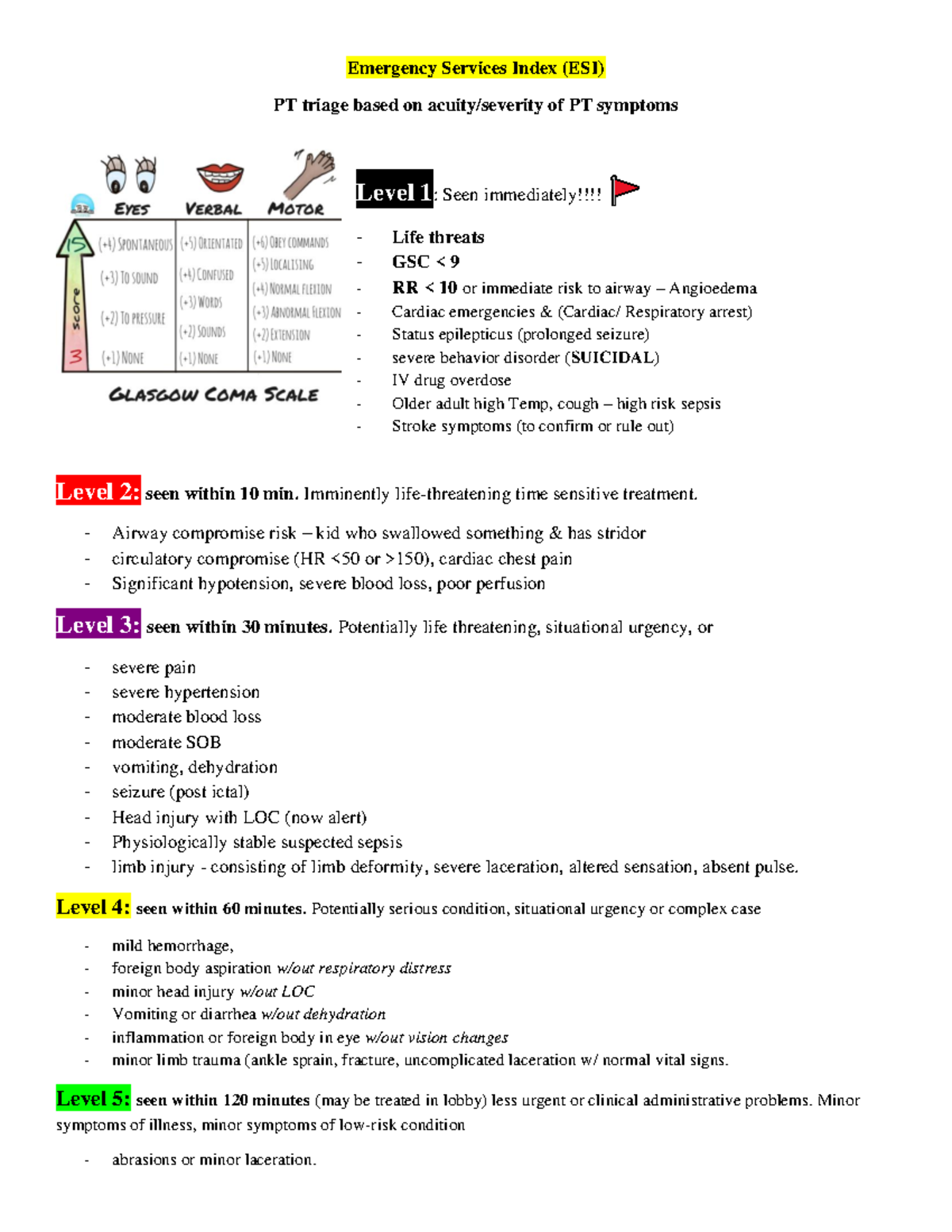 A2 ESI Emergency Services Index: PT Triage Levels & Urgency - Studocu