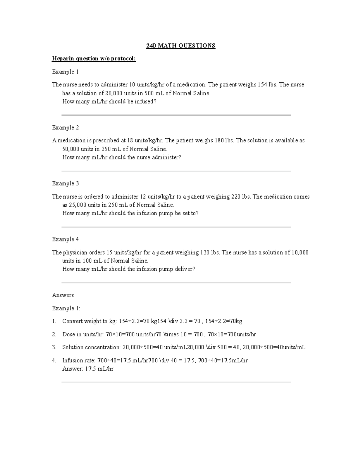 240 MATH Questions - Good - 240 MATH QUESTIONS Heparin question w/o ...