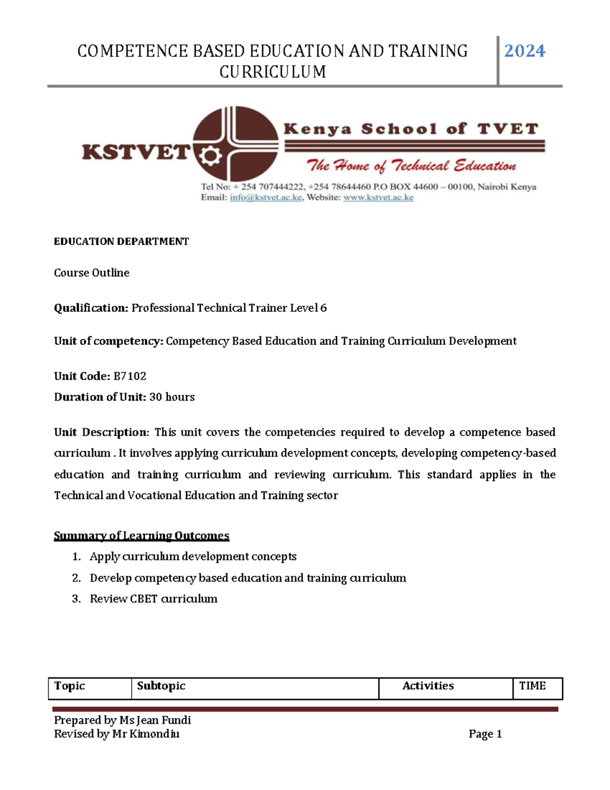 B7102 COMPETENCY BASED EDUCATION & TRAINING CURRICULUM OUTLINE 2024 ...