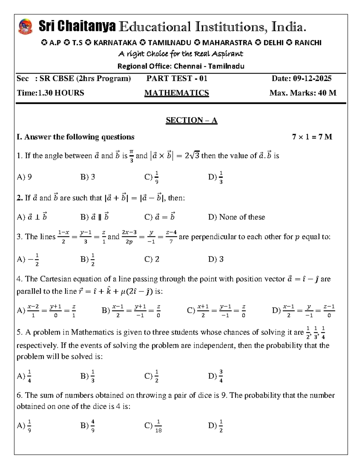 Mathematics Part Test 01 - SR.CBSE (2HRS Program) - Studocu
