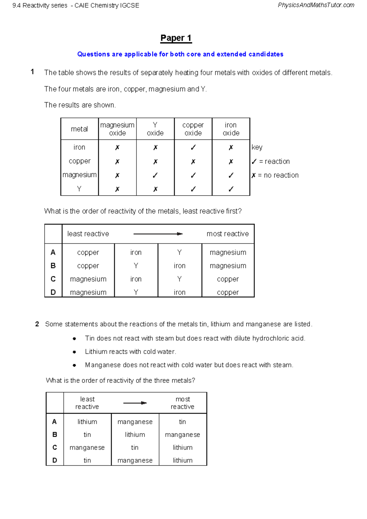 9.4 Reactivity Series MCQ Questions for CAIE Chemistry IGCSE - Studocu