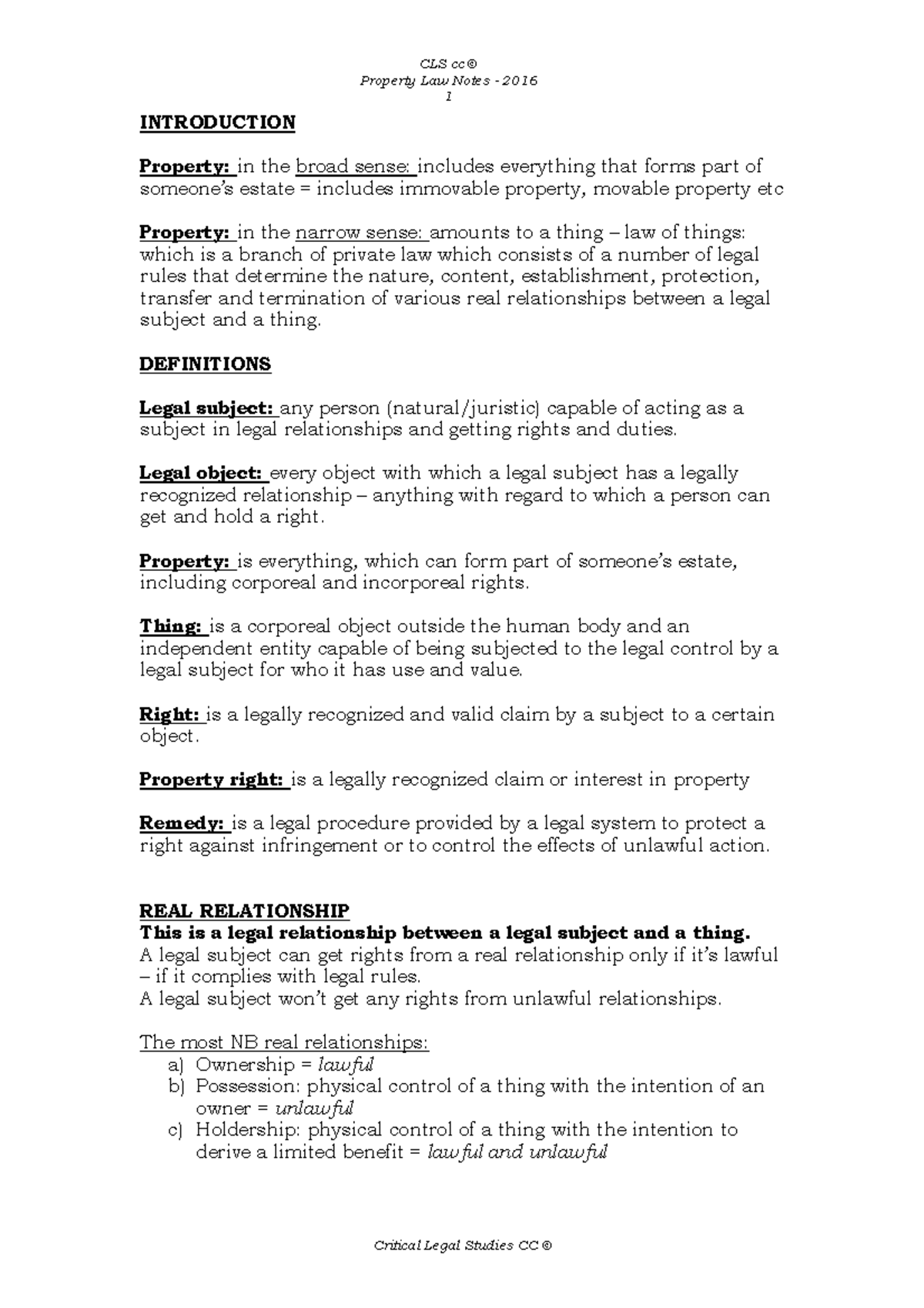 CLS - Comprehensive Property Law Notes (2016) - Studocu