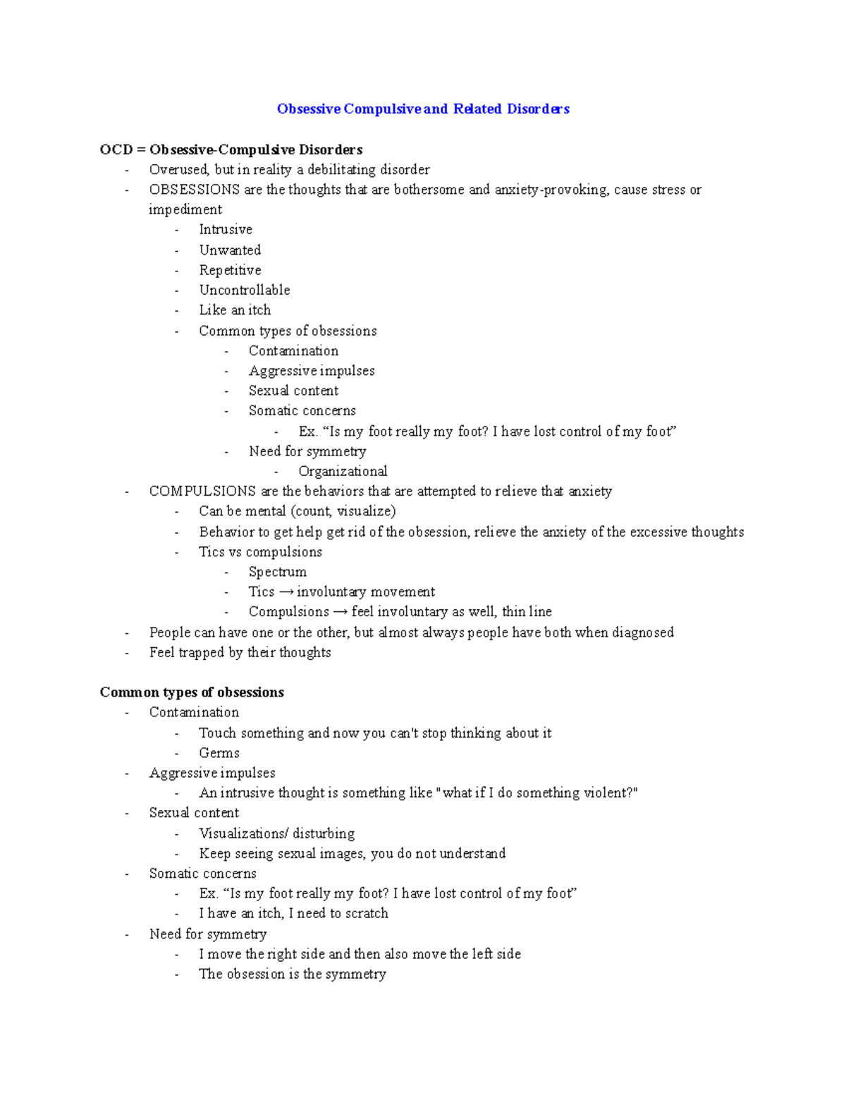 Exam 2 - Unit 1 Notes on Obsessive Compulsive & Related Disorders - Studocu